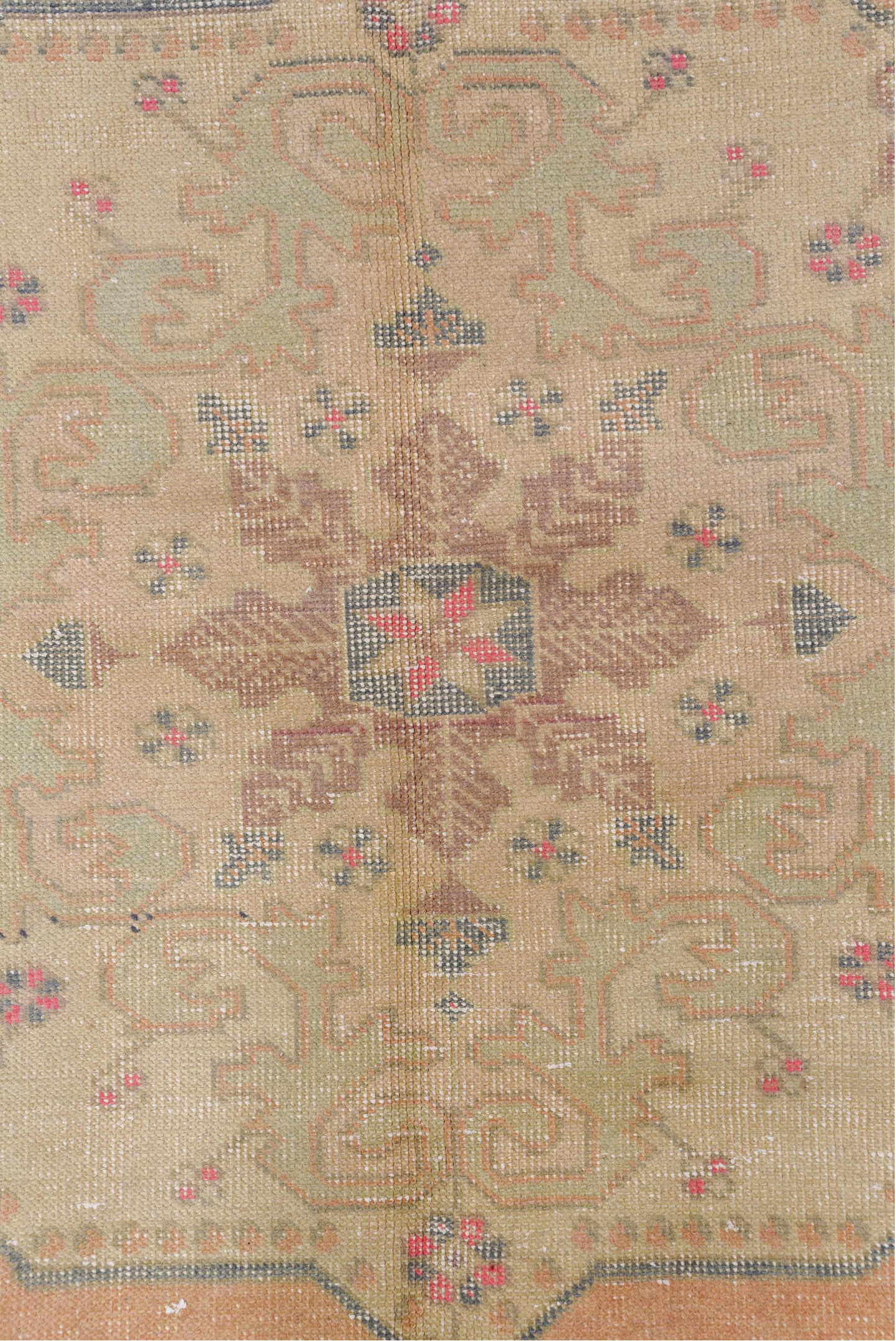 4' x 7' one-of-a-kind handmade vintage Oushak rug. Color palette: peach, ivory, taupe, slate, rose, beige, terracotta, pink