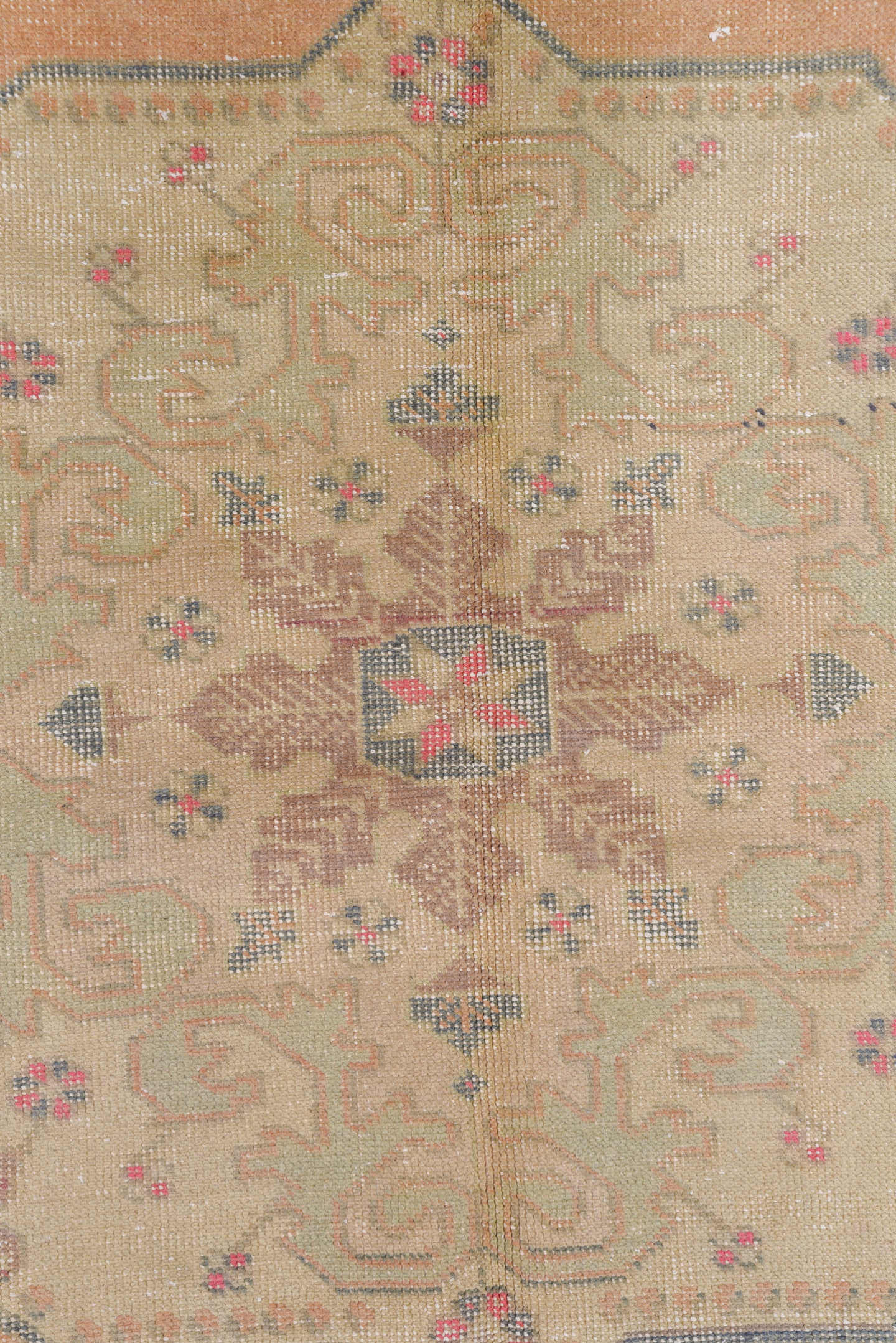 4' x 7' one-of-a-kind handmade vintage Oushak rug. Color palette: peach, ivory, taupe, slate, rose, beige, terracotta, pink