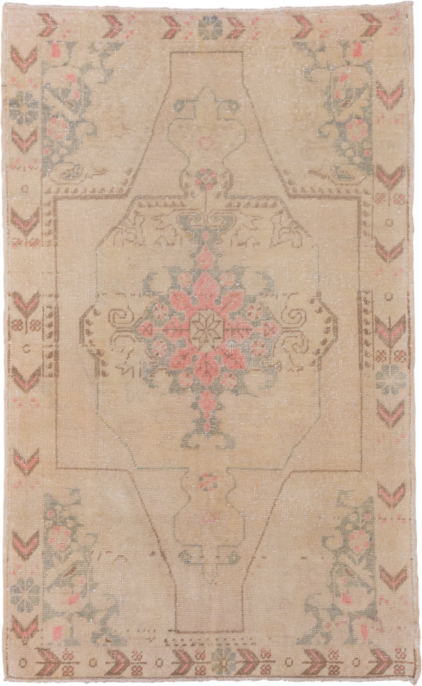 4' x 6' one-of-a-kind handmade vintage Oushak small size rug. Color palette: beige, taupe, blush, sage, brown, ivory, gray