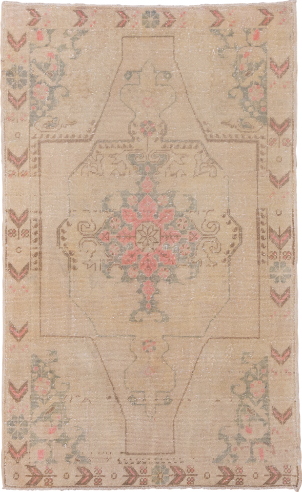 4' x 6' one-of-a-kind handmade vintage Oushak small size rug. Color palette: brown, gray, light gray, off-white, orange