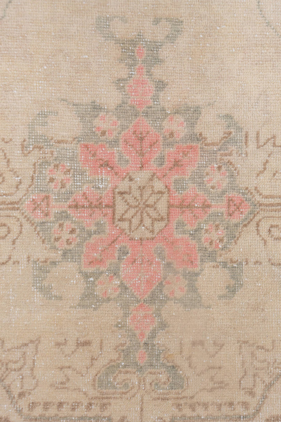 4' x 6' one-of-a-kind handmade vintage Oushak small size rug. Color palette: beige, taupe, blush, sage, brown, ivory, gray