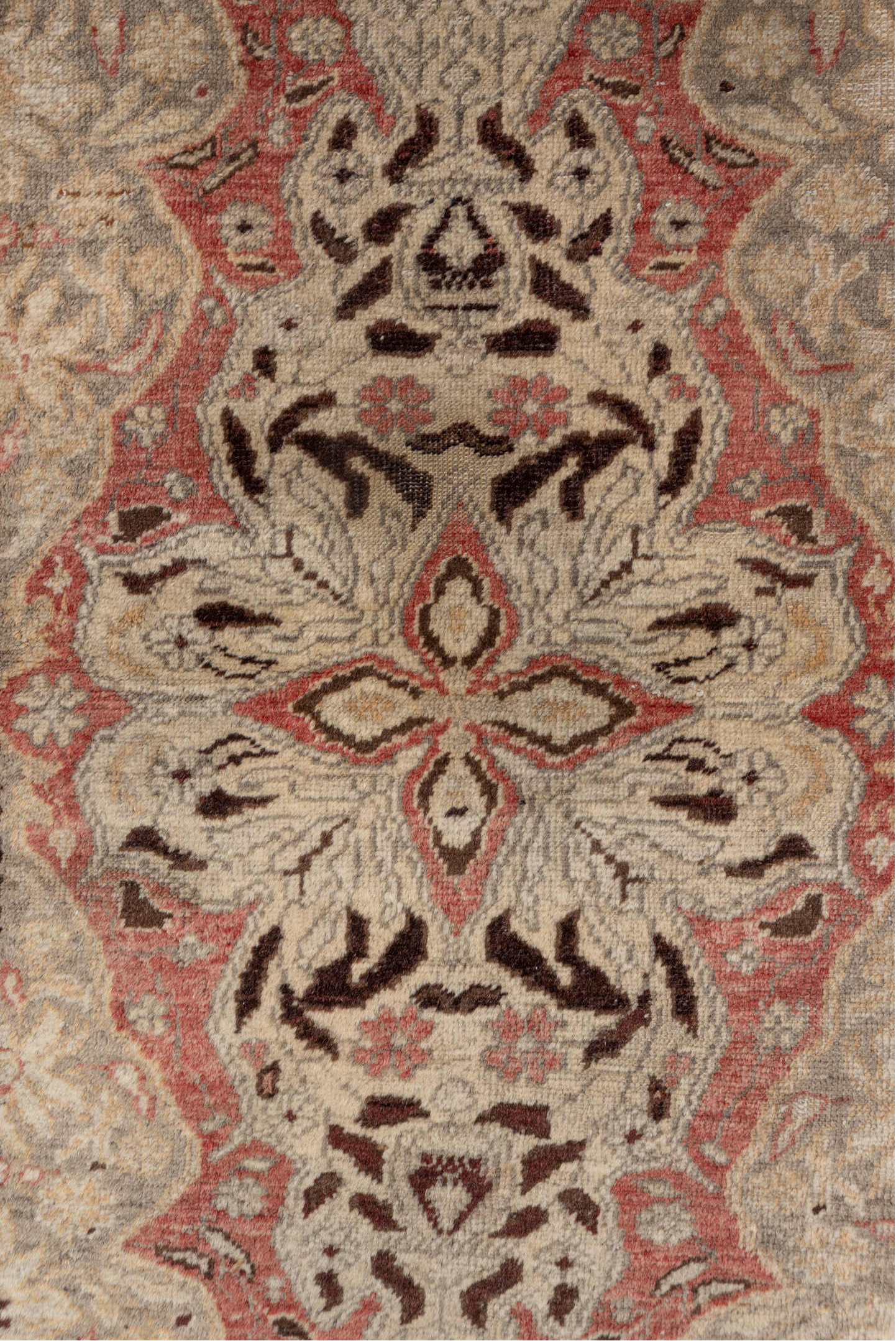 4' x 5' one-of-a-kind handmade antique Oushak small size rug. Color palette: ivory, burgundy, rose, taupe, brown, blush
