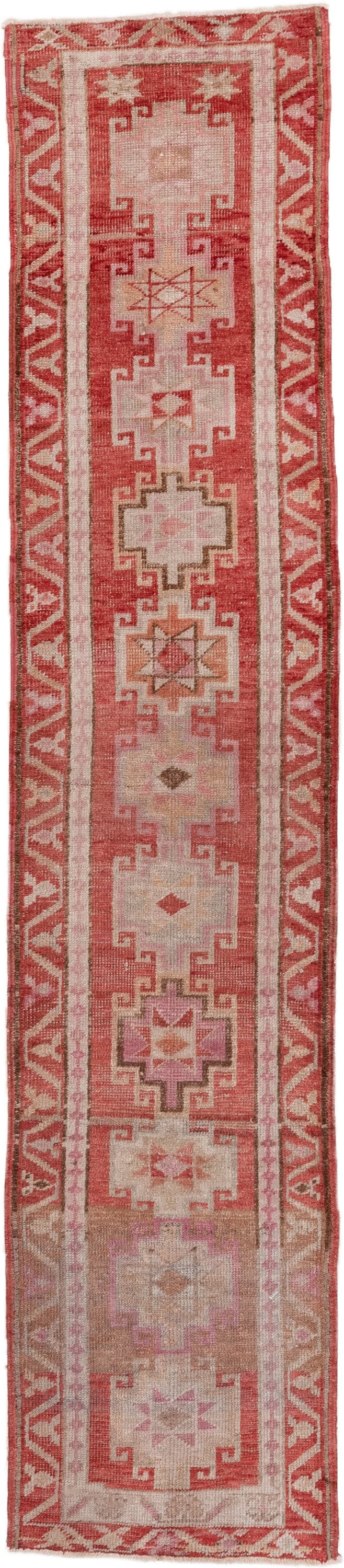 2' x 12' one-of-a-kind handmade vintage Oushak runner rug. Color palette: rose, ivory, blush, terra cotta, taupe, camel