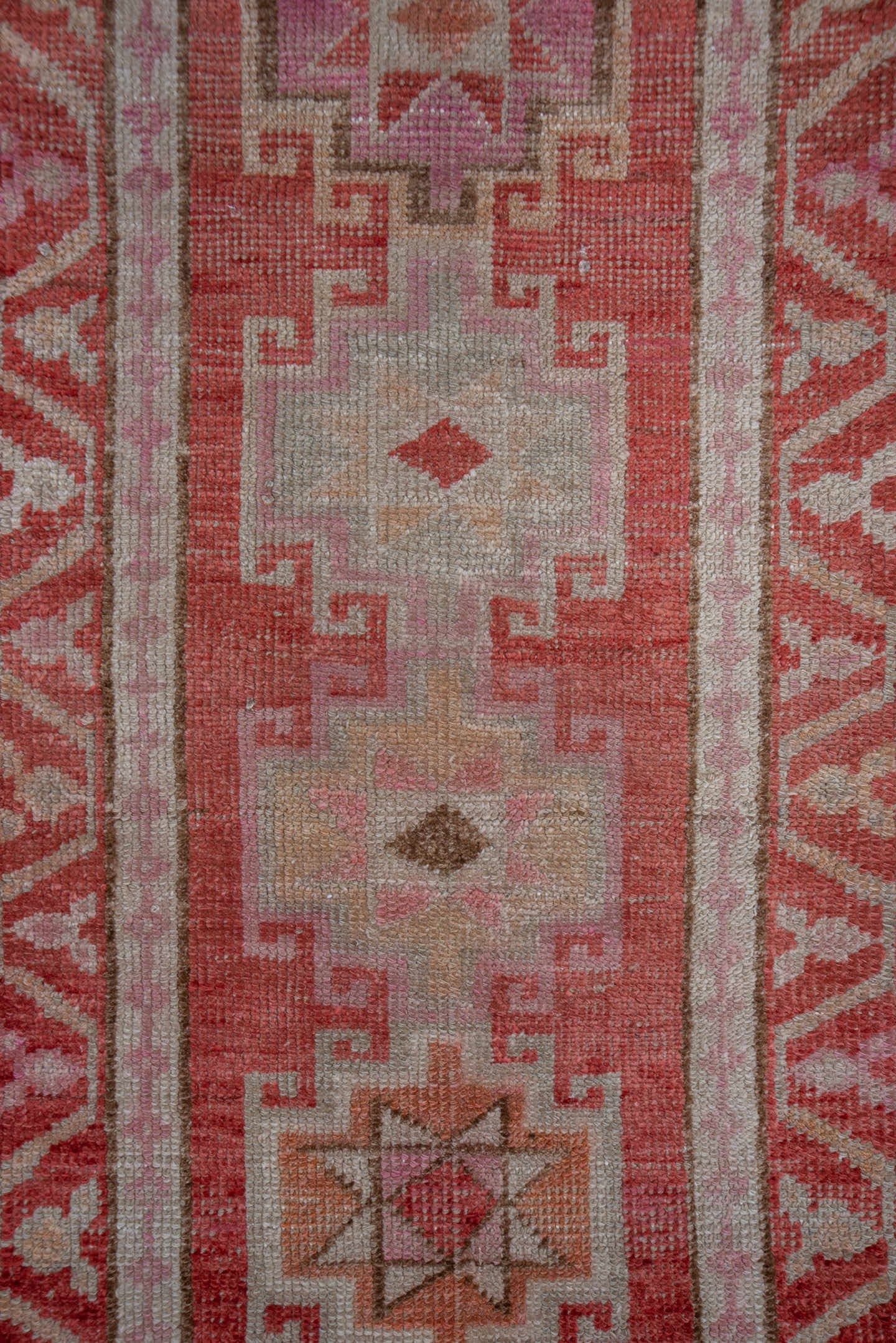 2' x 12' one-of-a-kind handmade vintage Oushak runner rug. Color palette: rose, ivory, blush, terra cotta, taupe, camel