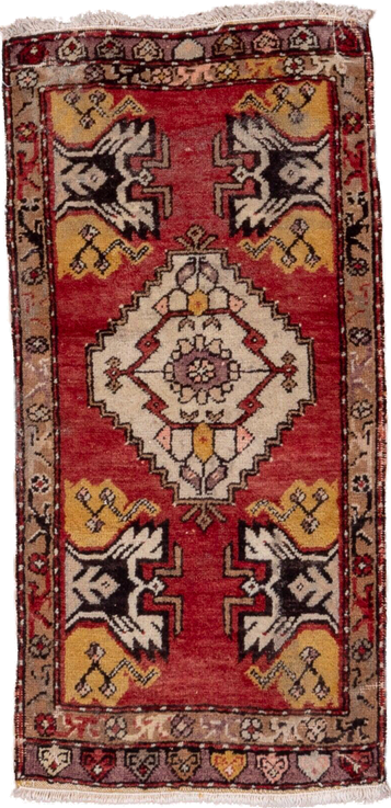 2' x 3' one-of-a-kind handmade vintage Oushak small size rug. Color palette: red, ivory, gold, taupe, charcoal, burgundy