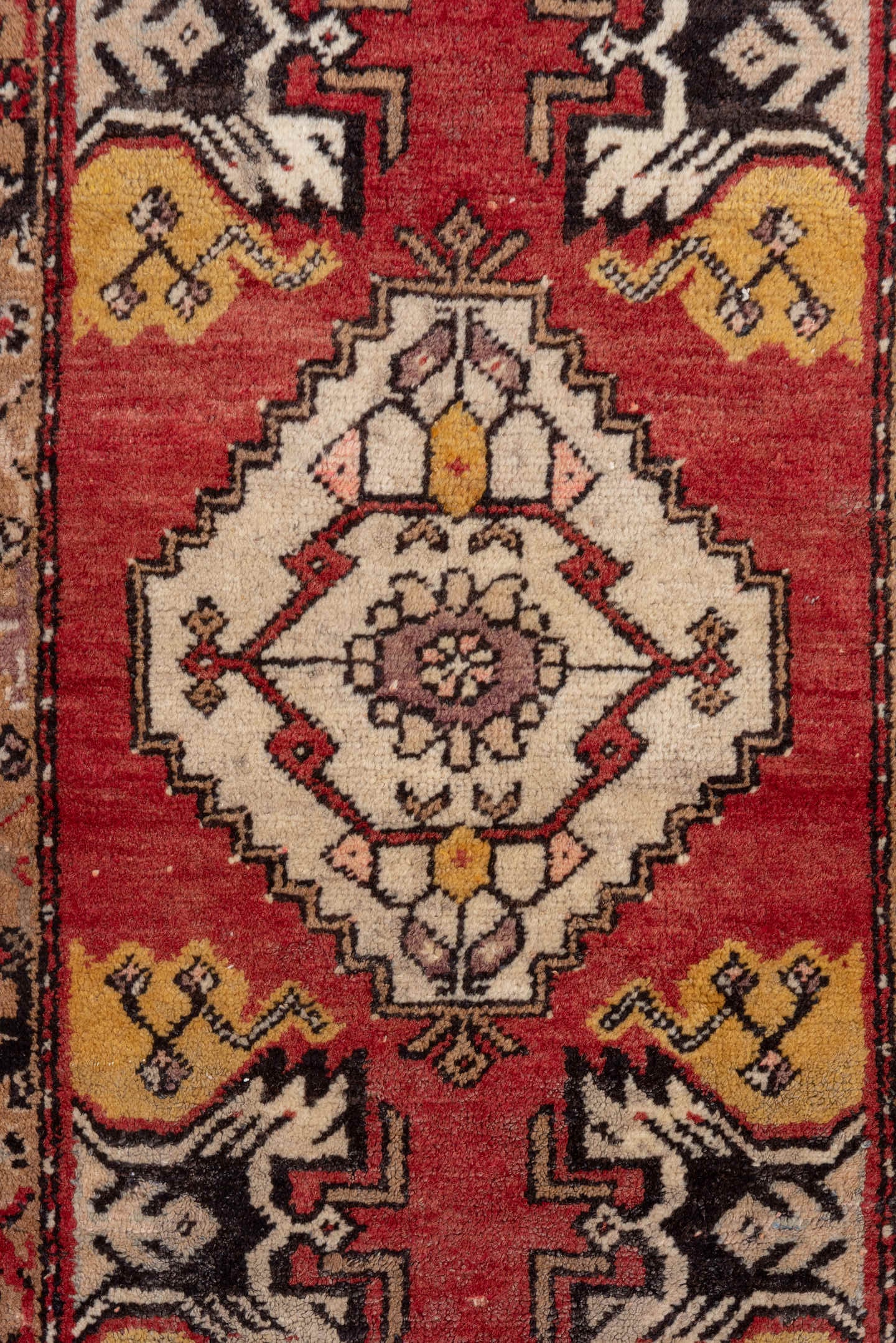 2' x 3' one-of-a-kind handmade vintage Oushak small size rug. Color palette: red, ivory, gold, taupe, charcoal, burgundy