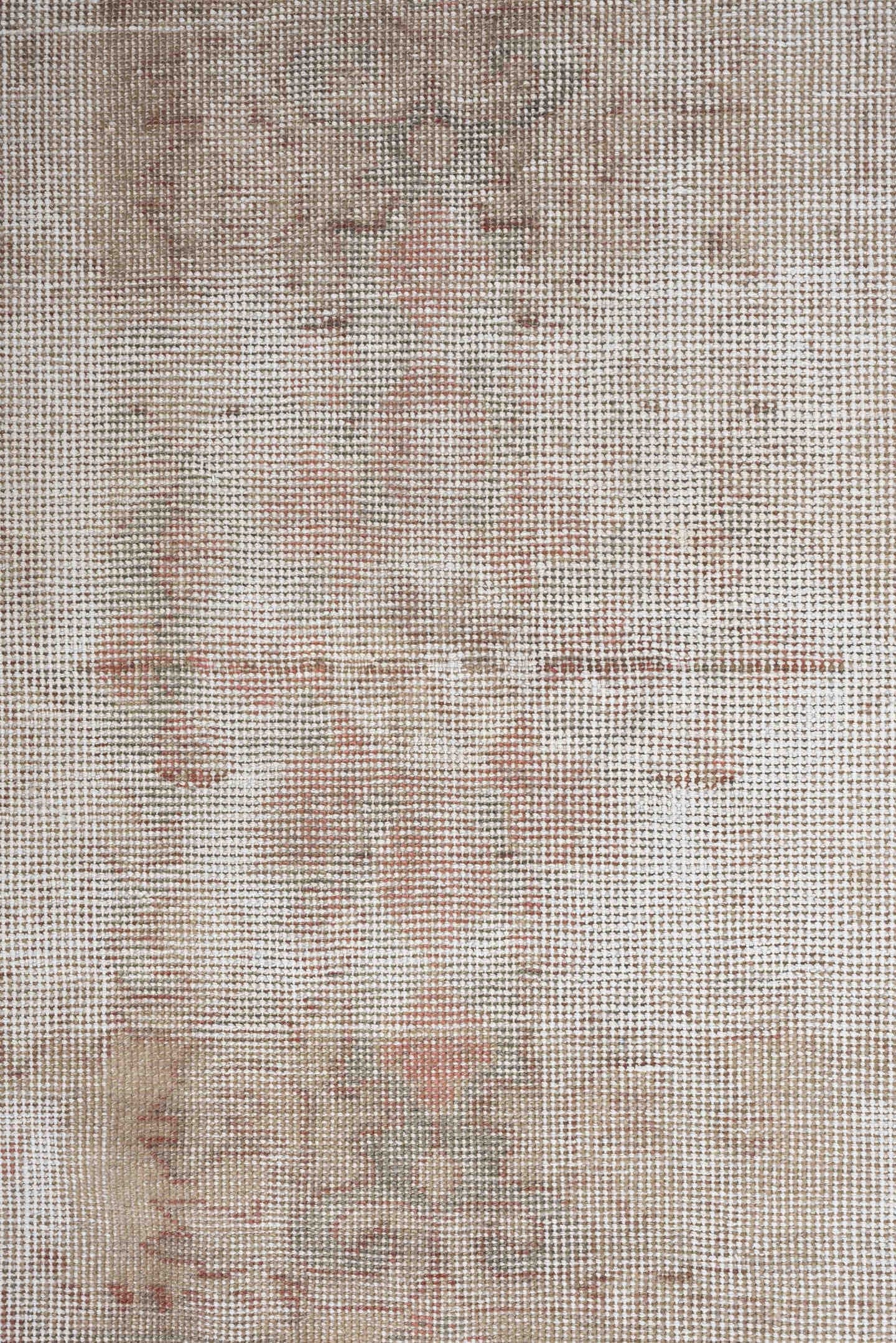 4' x 6' one-of-a-kind handmade vintage Sparta rug. Color palette: ivory, blush, taupe, sage, sand, pink, beige, gray, green