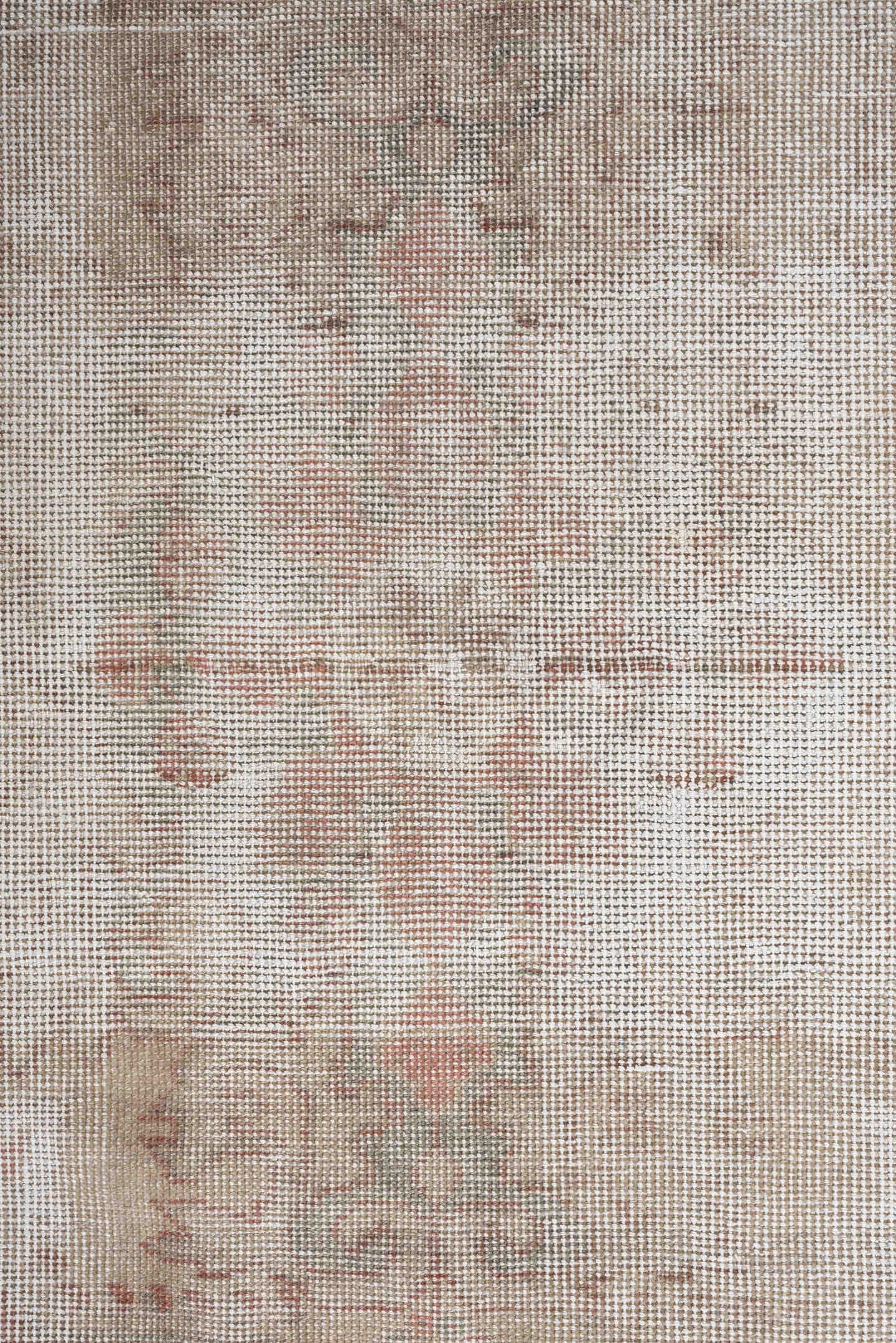 4' x 6' one-of-a-kind handmade vintage Sparta rug. Color palette: ivory, blush, taupe, sage, sand, pink, beige, gray, green