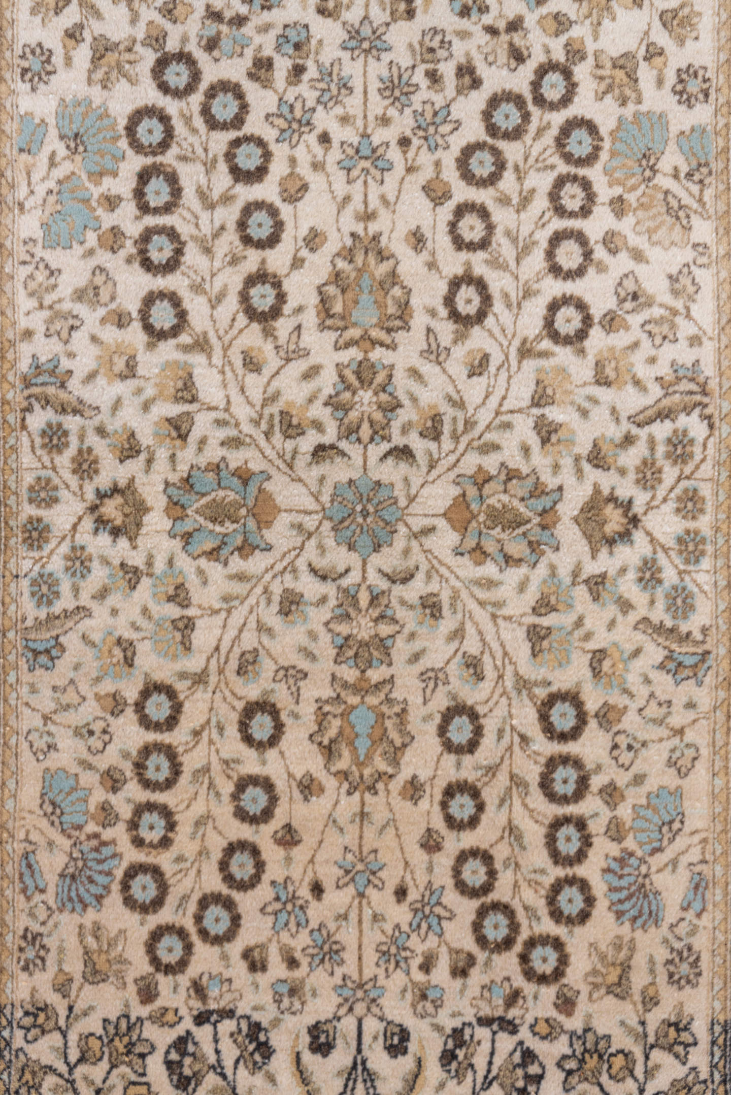 3' x 7' one-of-a-kind handmade vintage Sivas runner rug. Color palette: ivory, beige, taupe, sky_blue, brown, camel, gray