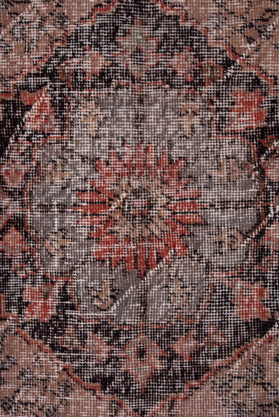 4' x 12' one-of-a-kind handmade vintage Oushak runner rug. Color palette: ivory, coral, charcoal, taupe, rose, slate