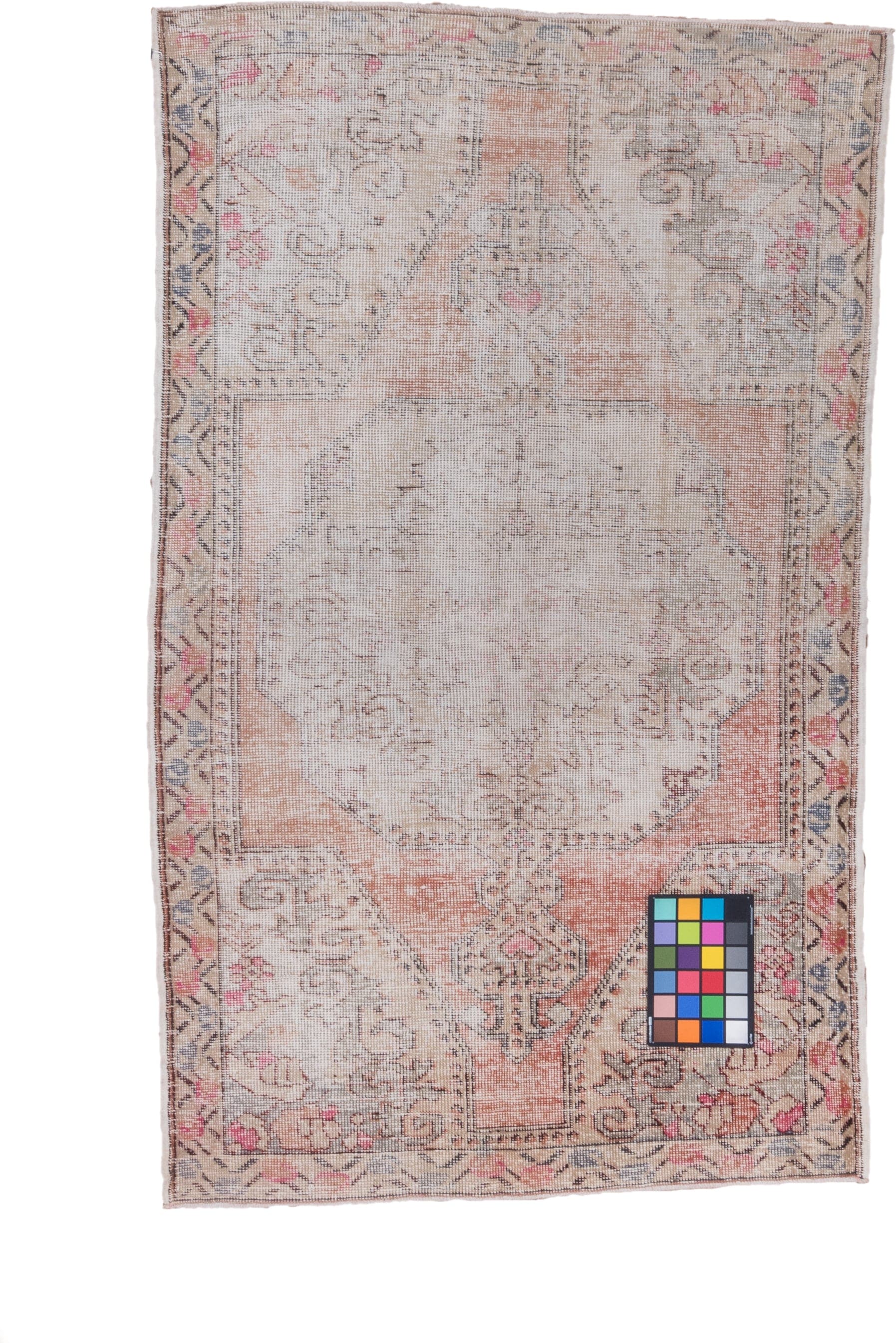 4' x 7' one-of-a-kind handmade vintage Oushak rug. Color palette: ivory, blush, peach, taupe, rose, slate, brown, pink