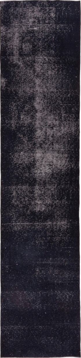 3' x 13' one-of-a-kind handmade vintage Overdyed runner rug. Color palette: black, charcoal, dim gray, gray, light gray