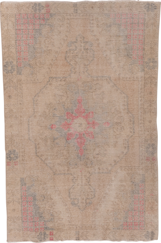 4' x 6' one-of-a-kind handmade vintage Oushak small size rug. Color palette: beige, taupe, gray, soft coral, ivory