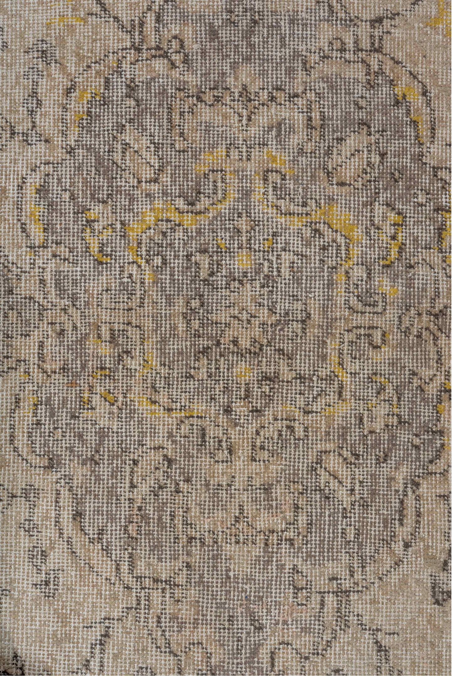 3' x 7' one-of-a-kind handmade vintage Oushak rug. Color palette: ivory, taupe, gray, gold, cream, beige