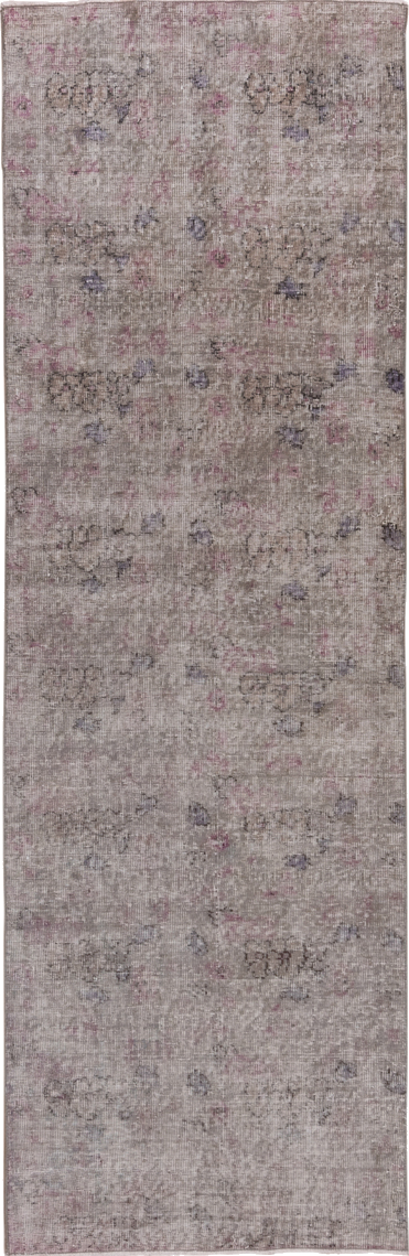 2' x 8' one-of-a-kind handmade vintage Overdyed runner rug. Color palette: dark gray, dim gray, gray, light gray, off-white