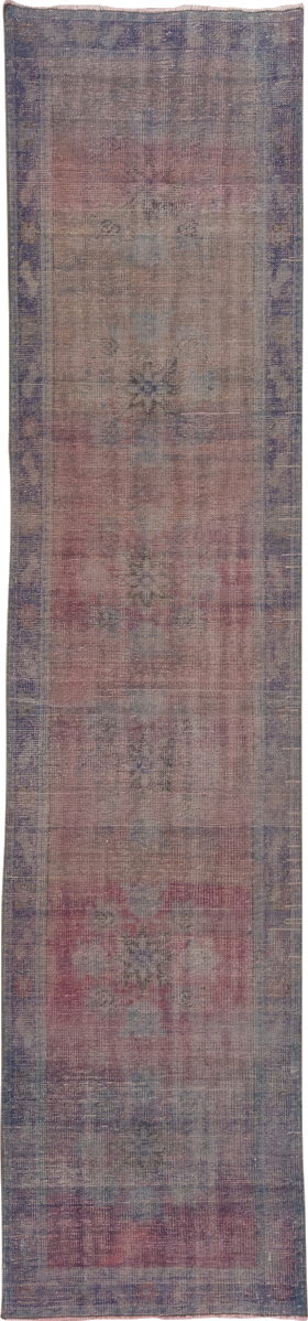 2' x 11' one-of-a-kind handmade vintage Overdyed runner rug. Color palette: brown, gray, off-white, pink, snow, white