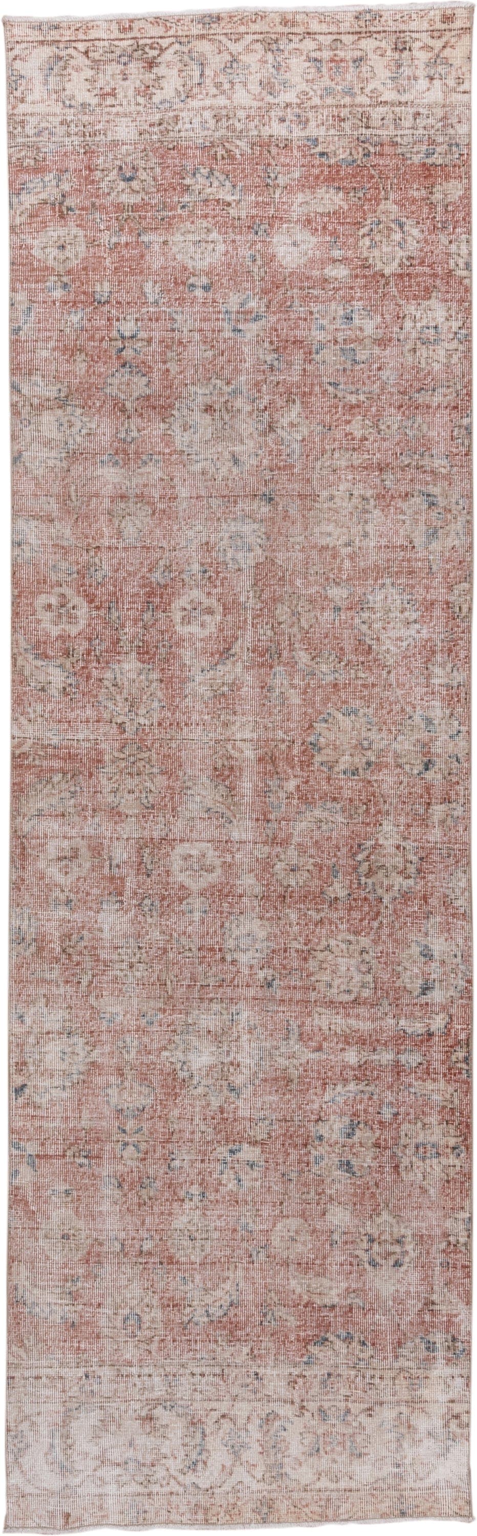 3' x 10' one-of-a-kind handmade vintage Oushak runner rug. Color palette: blush, ivory, dusty rose, pale blue, taupe, beige