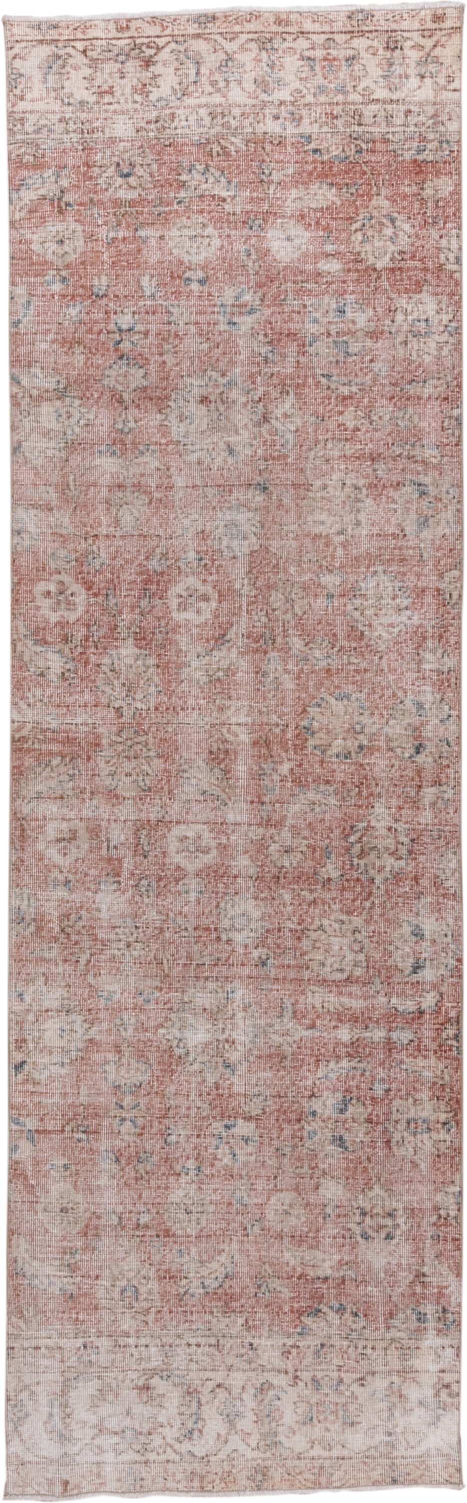 3' x 10' one-of-a-kind handmade vintage Oushak runner rug. Color palette: blush, ivory, dusty rose, pale blue, taupe, beige