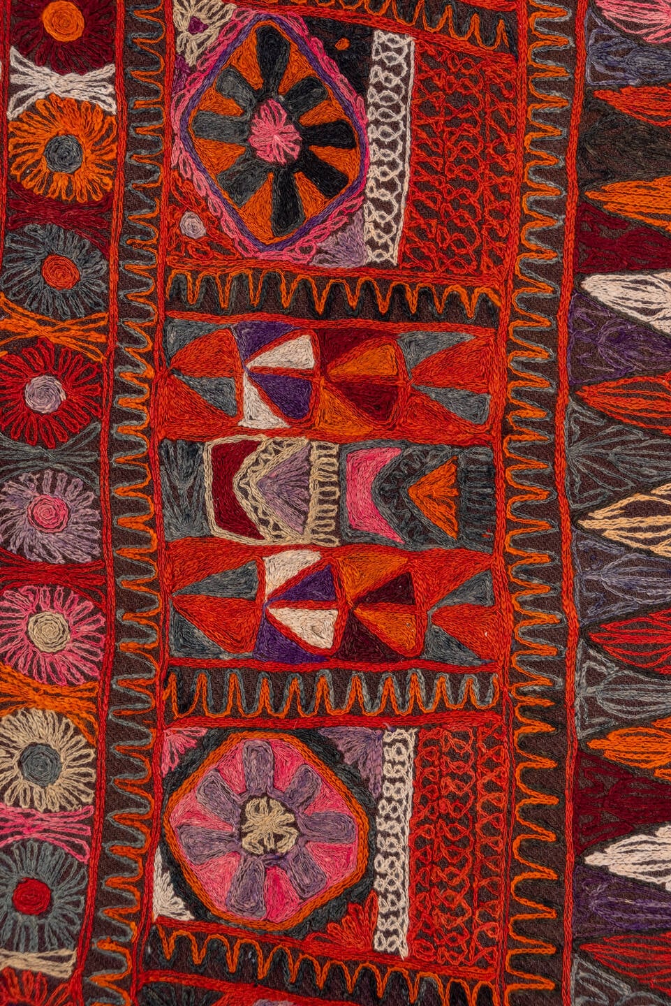 2' x 6' one-of-a-kind handmade vintage Kilim runner rug. Color palette: burgundy, rust, charcoal, violet, ivory, rose