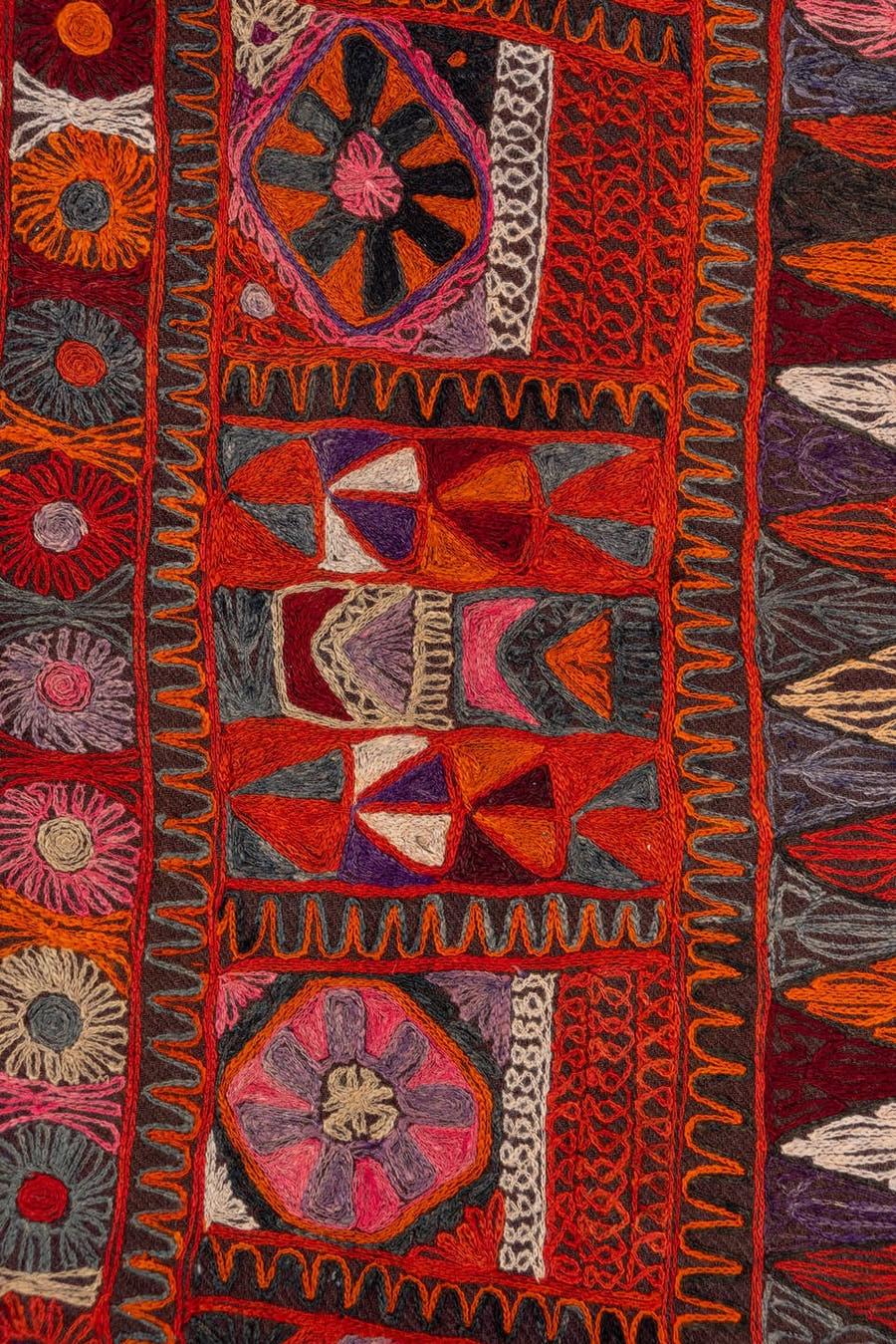 2' x 6' one-of-a-kind handmade vintage Kilim runner rug. Color palette: burgundy, rust, charcoal, violet, ivory, rose