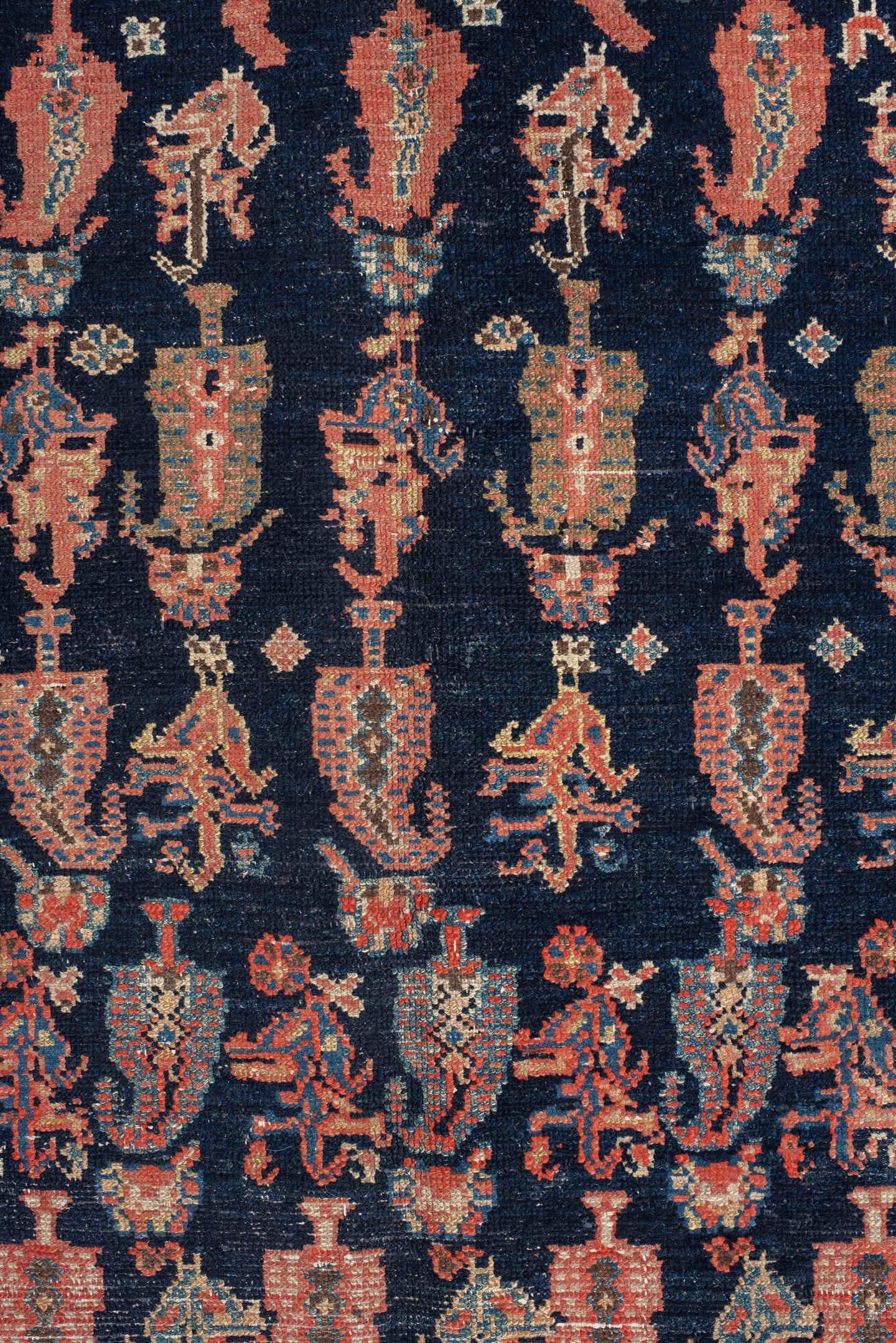 4' x 11' one-of-a-kind handmade vintage Malayer runner rug. Color palette: brown, rust, ivory, navy, coral, gold, camel