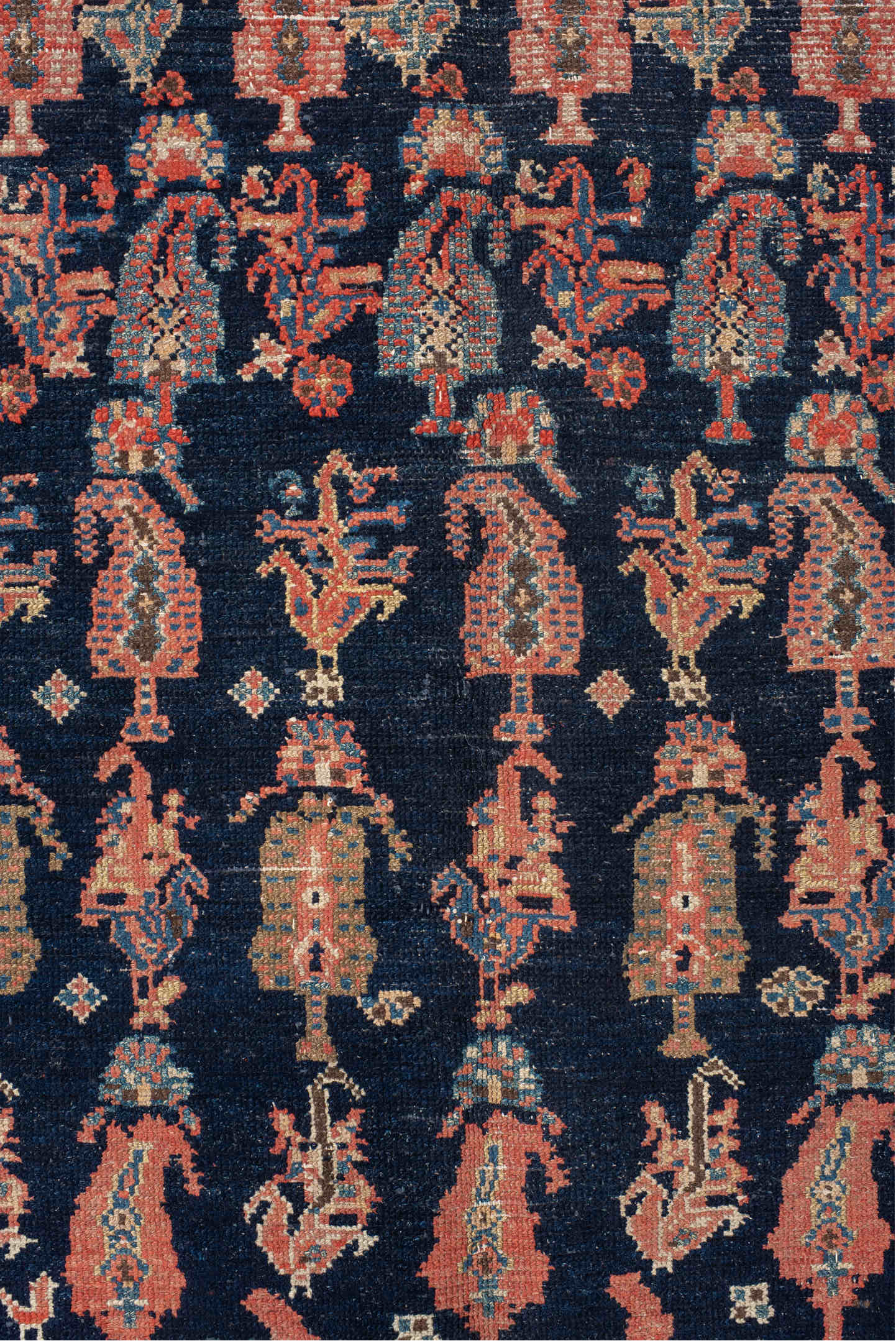 4' x 11' one-of-a-kind handmade vintage Malayer runner rug. Color palette: brown, rust, ivory, navy, coral, gold, camel