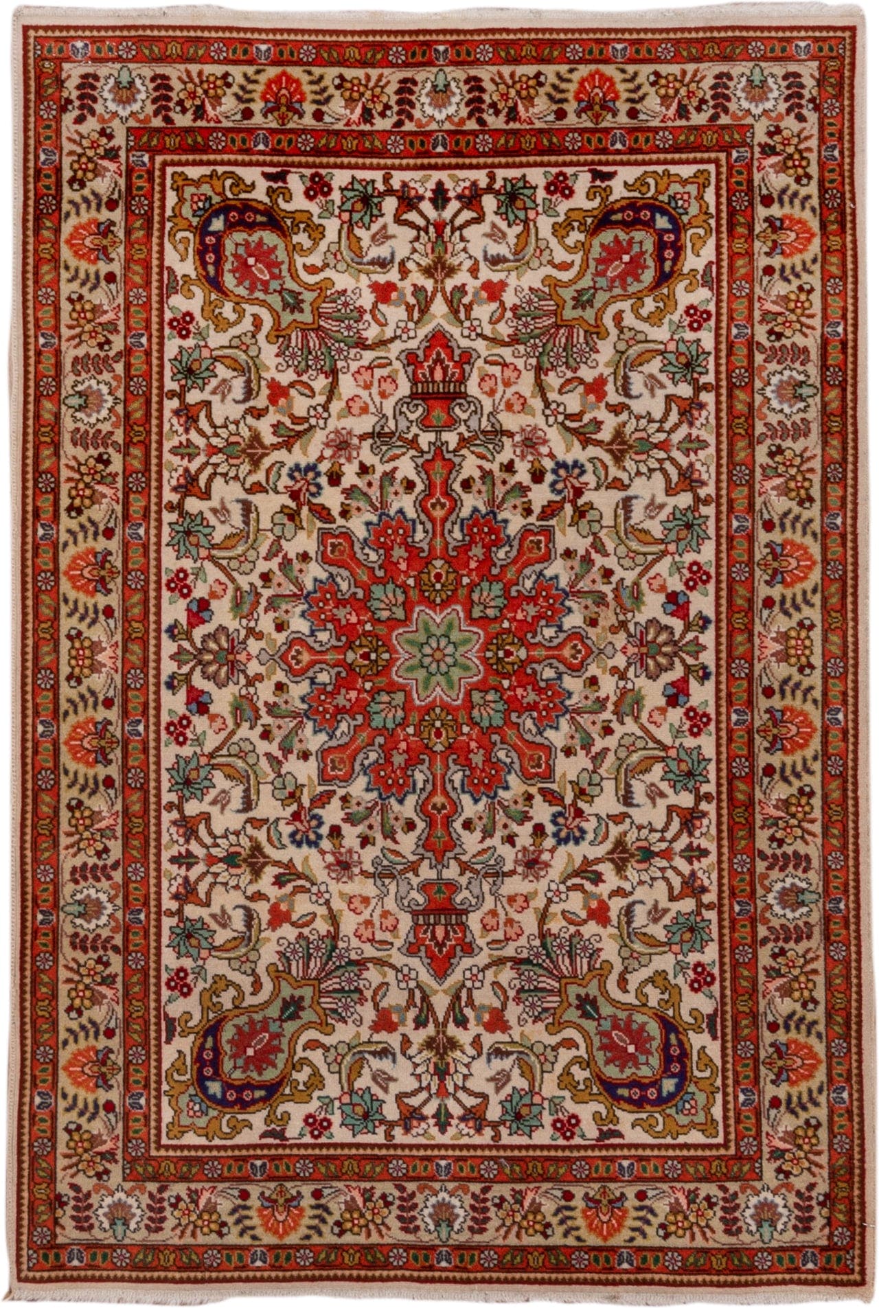 3' x 5' one-of-a-kind handmade vintage Tabriz small size rug. Color palette: ivory, rust, coral, sage, navy, gold, brown
