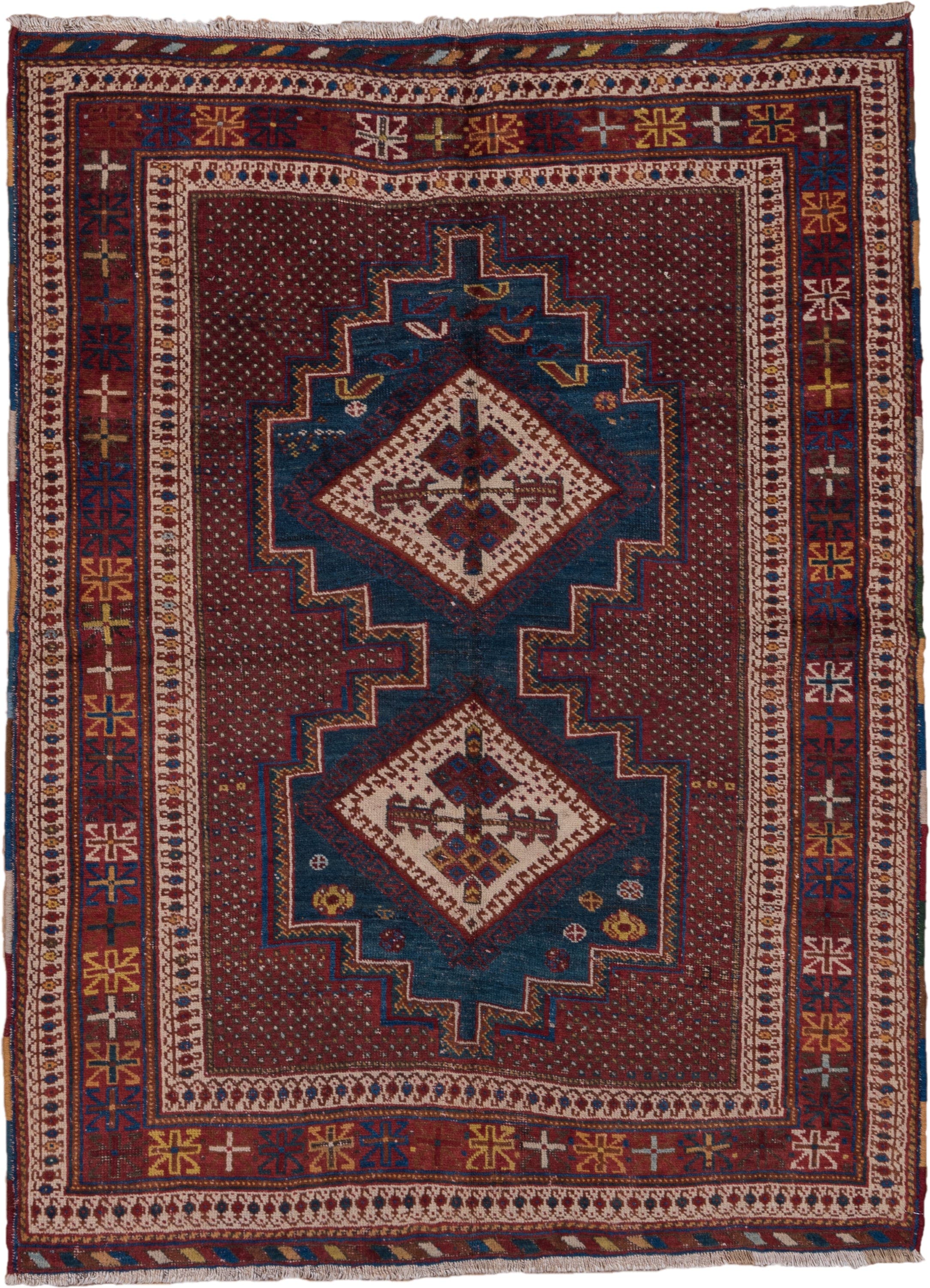 4' x 5' one-of-a-kind handmade antique Afshar small size rug. Color palette: rust, indigo, ivory, burgundy, camel, gold