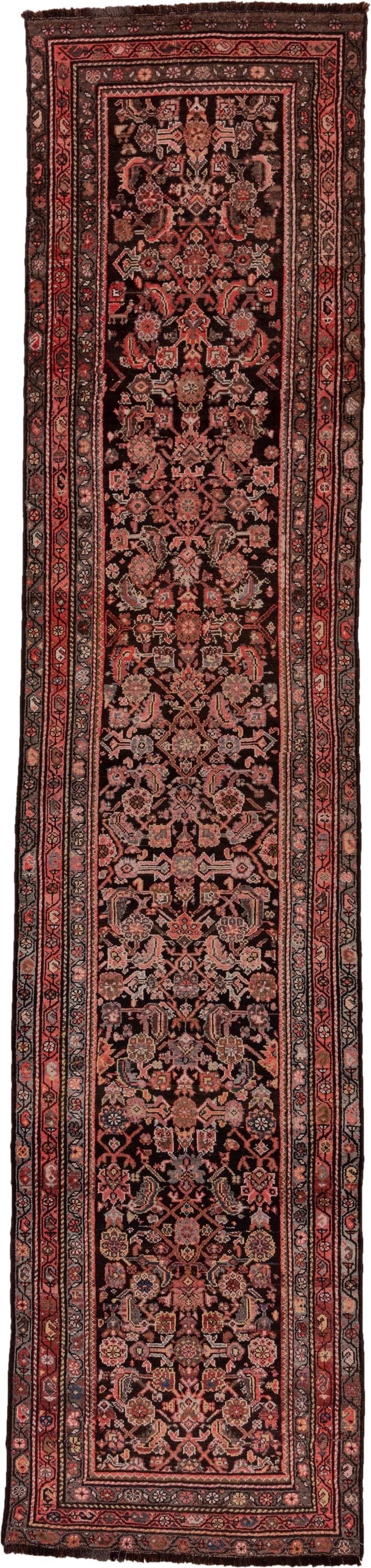 3' x 15' one-of-a-kind handmade antique Malayer runner rug. Color palette: charcoal, rust, rose, ivory, taupe, burgundy