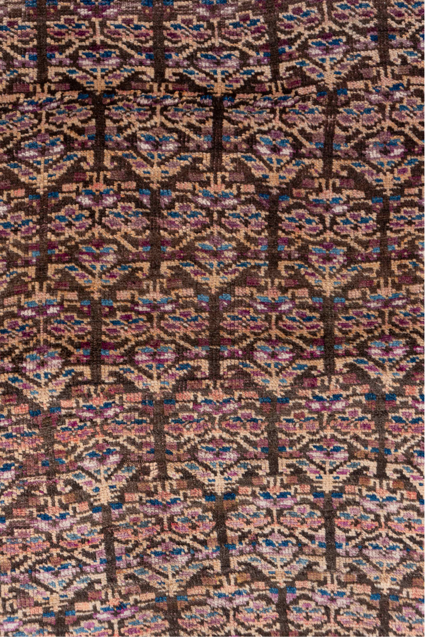 3' x 6' one-of-a-kind handmade antique Kurd small size rug. Color palette: brown, ivory, indigo, sky blue, rose, burgundy