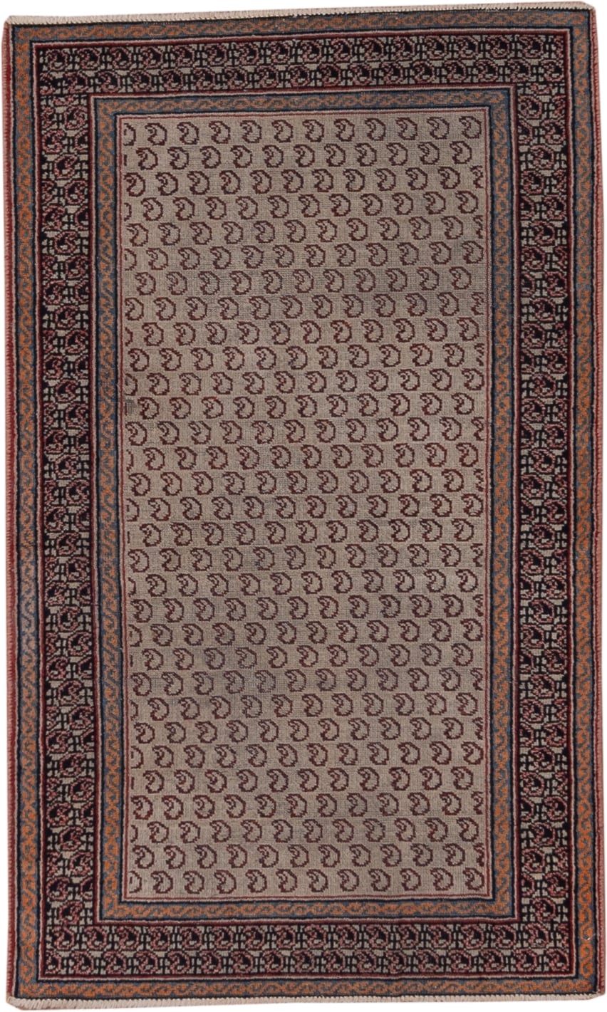 3' x 9' one-of-a-kind handmade antique Sarab runner rug. Color palette: ivory, navy, rust, camel, brown, slate, blue