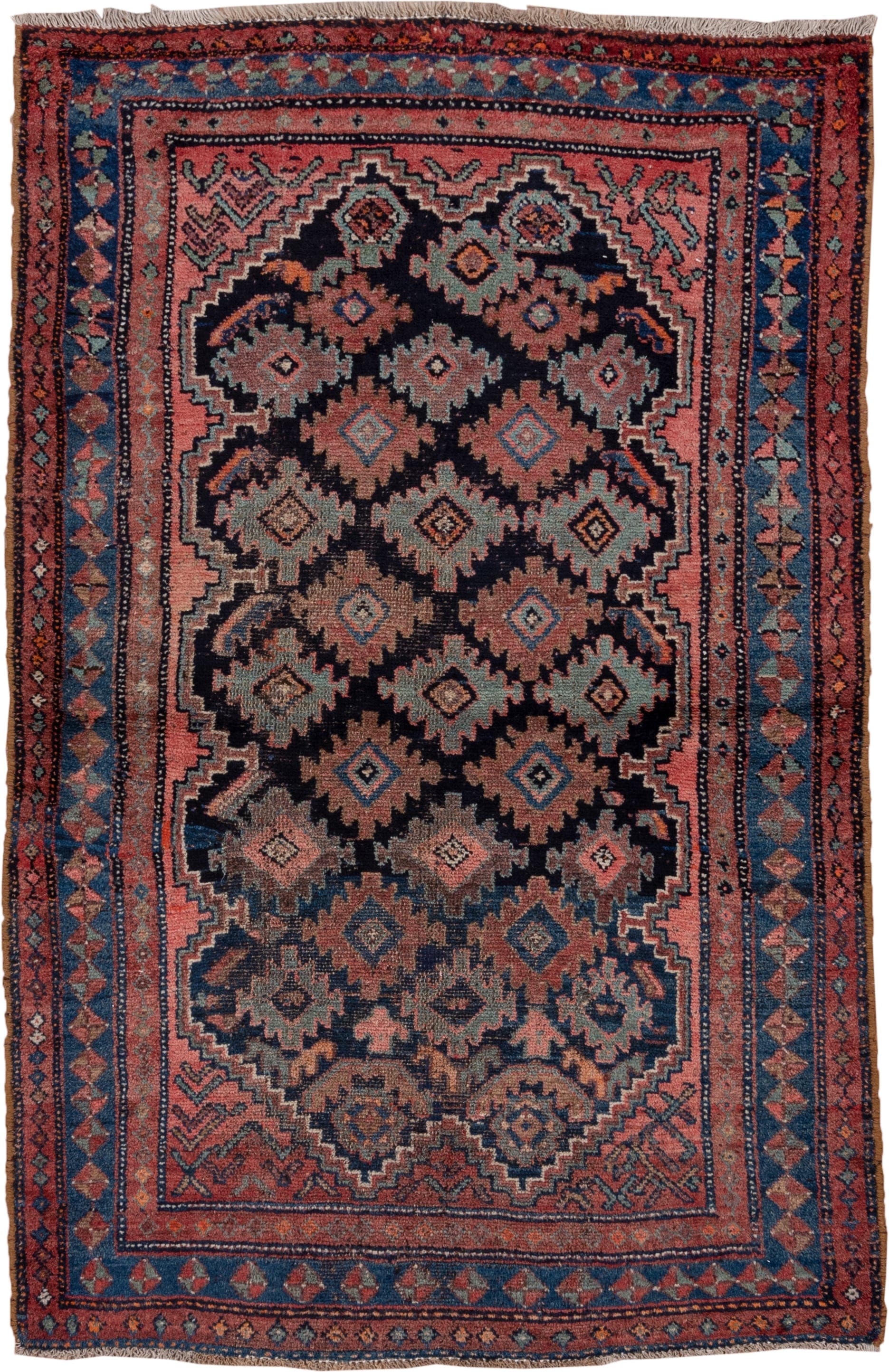 3' x 6' one-of-a-kind handmade antique Malayer small size rug. Color palette: indigo, rust, rose, slate, terra cotta, ivory