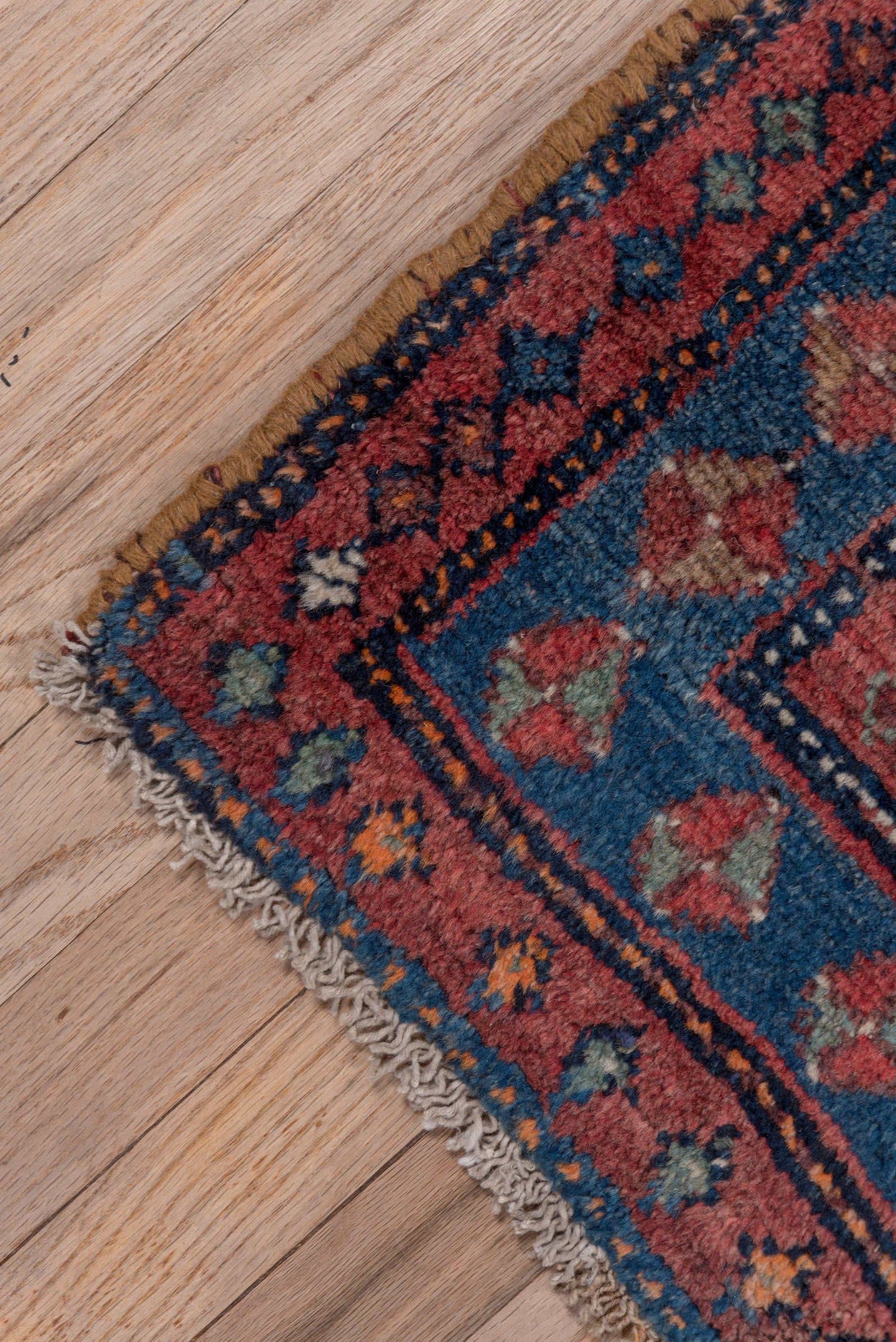 3' x 6' one-of-a-kind handmade antique Malayer small size rug. Color palette: indigo, rust, rose, slate, terra cotta, ivory