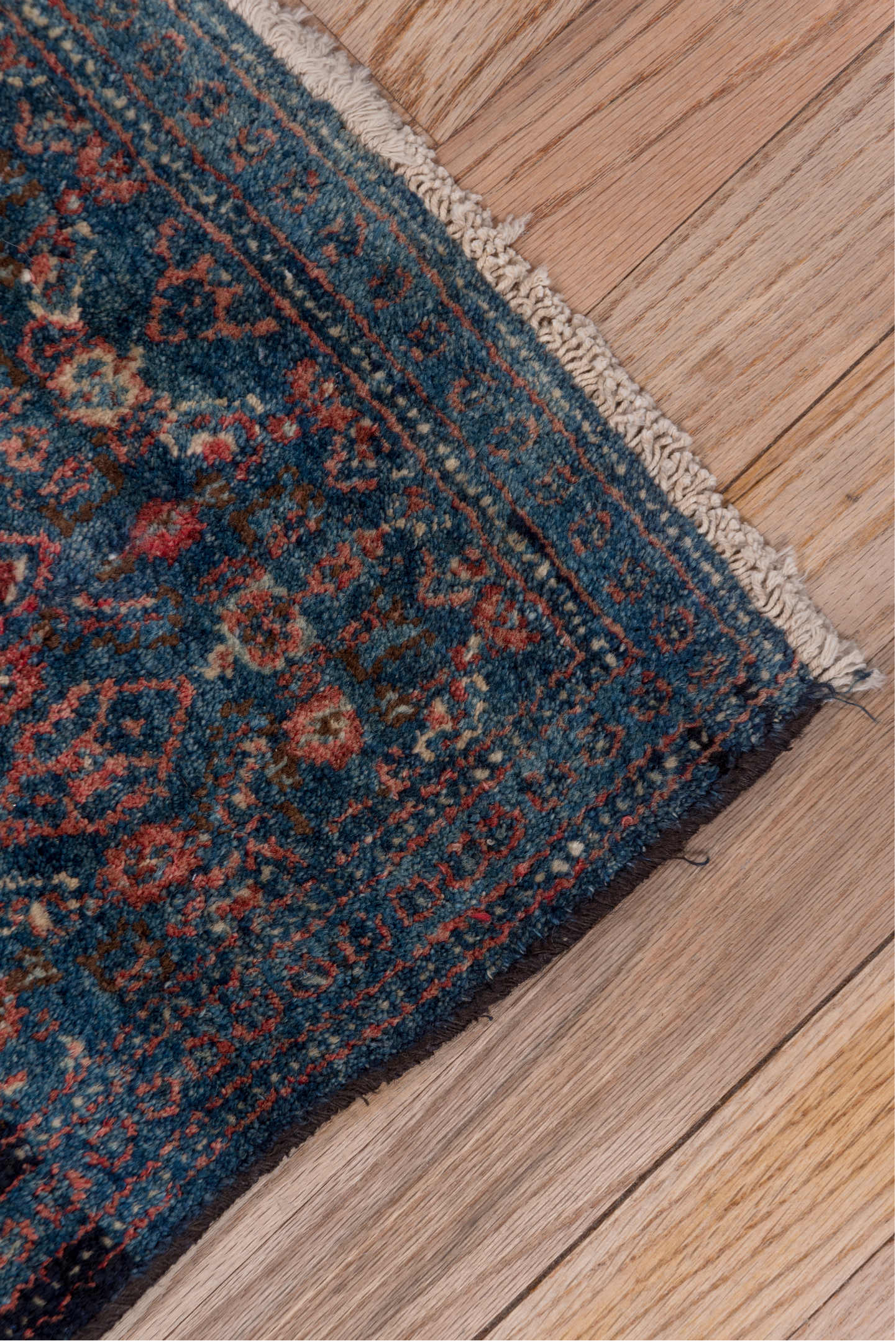 2' x 3' one-of-a-kind handmade antique Senne small size rug. Color palette: navy, ivory, indigo, rust, crimson, rose