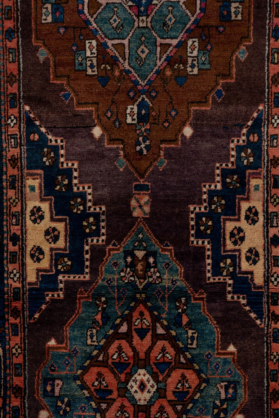3' x 13' one-of-a-kind handmade antique Karabagh runner rug. Color palette: indigo, rose, aubergine, sky_blue, rust, ivory