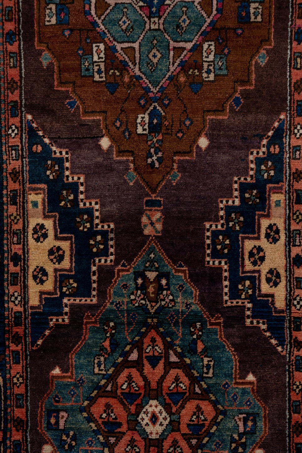 3' x 13' one-of-a-kind handmade antique Karabagh runner rug. Color palette: indigo, rose, aubergine, sky_blue, rust, ivory