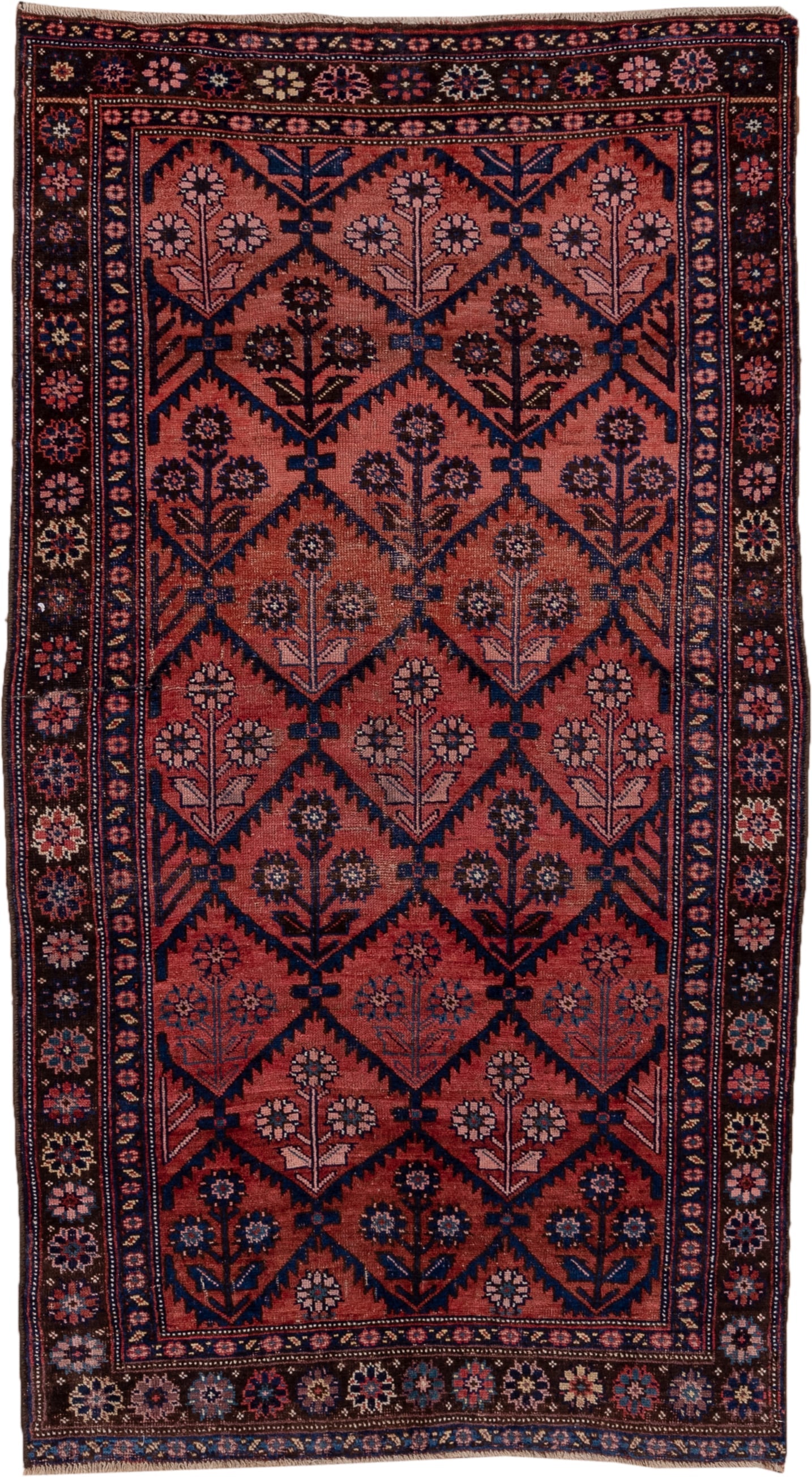 4' x 7' one-of-a-kind handmade antique Bidjar rug. Color palette: rose, navy, ivory, burgundy, dusty pink, camel, slate