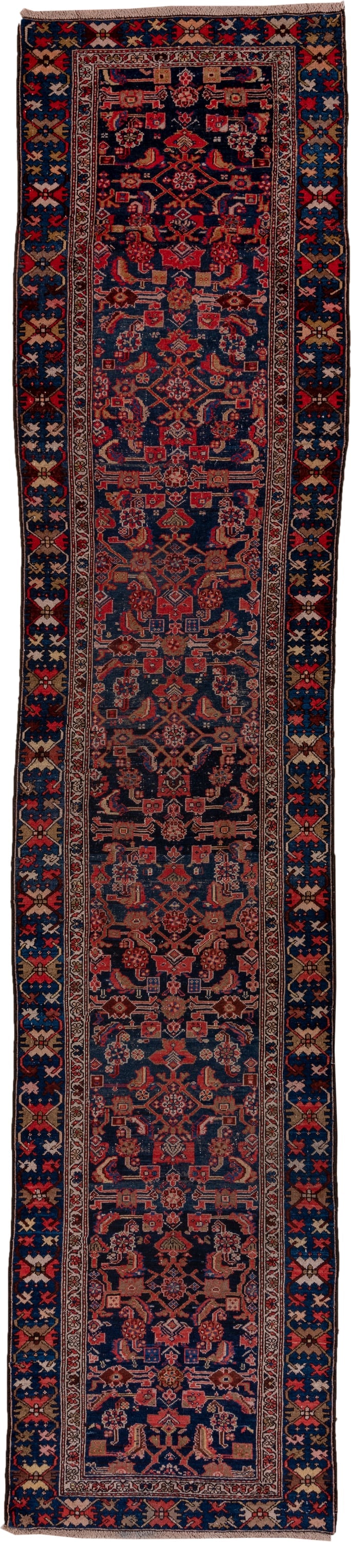 3' x 14' one-of-a-kind handmade antique Malayer runner rug. Color palette: navy, rust, ivory, camel, slate, rose, blue