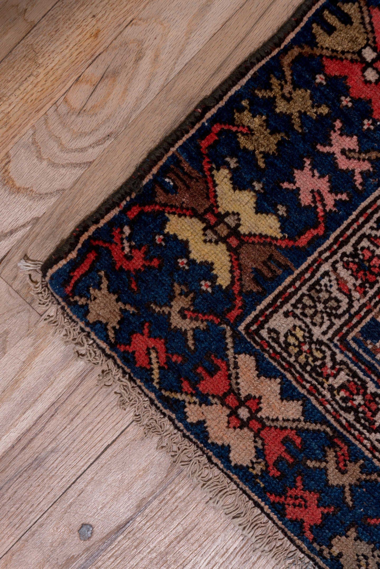 3' x 14' one-of-a-kind handmade antique Malayer runner rug. Color palette: navy, rust, ivory, camel, slate, rose, blue