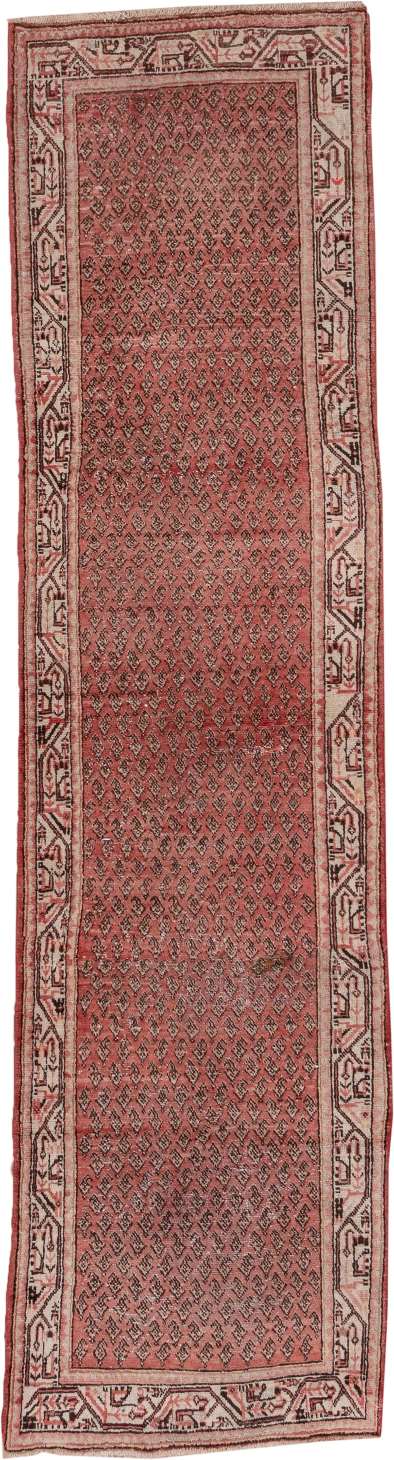 2' x 10' one-of-a-kind handmade vintage Mahal runner rug. Color palette: rose, ivory, rust, charcoal, blush, brown, pink