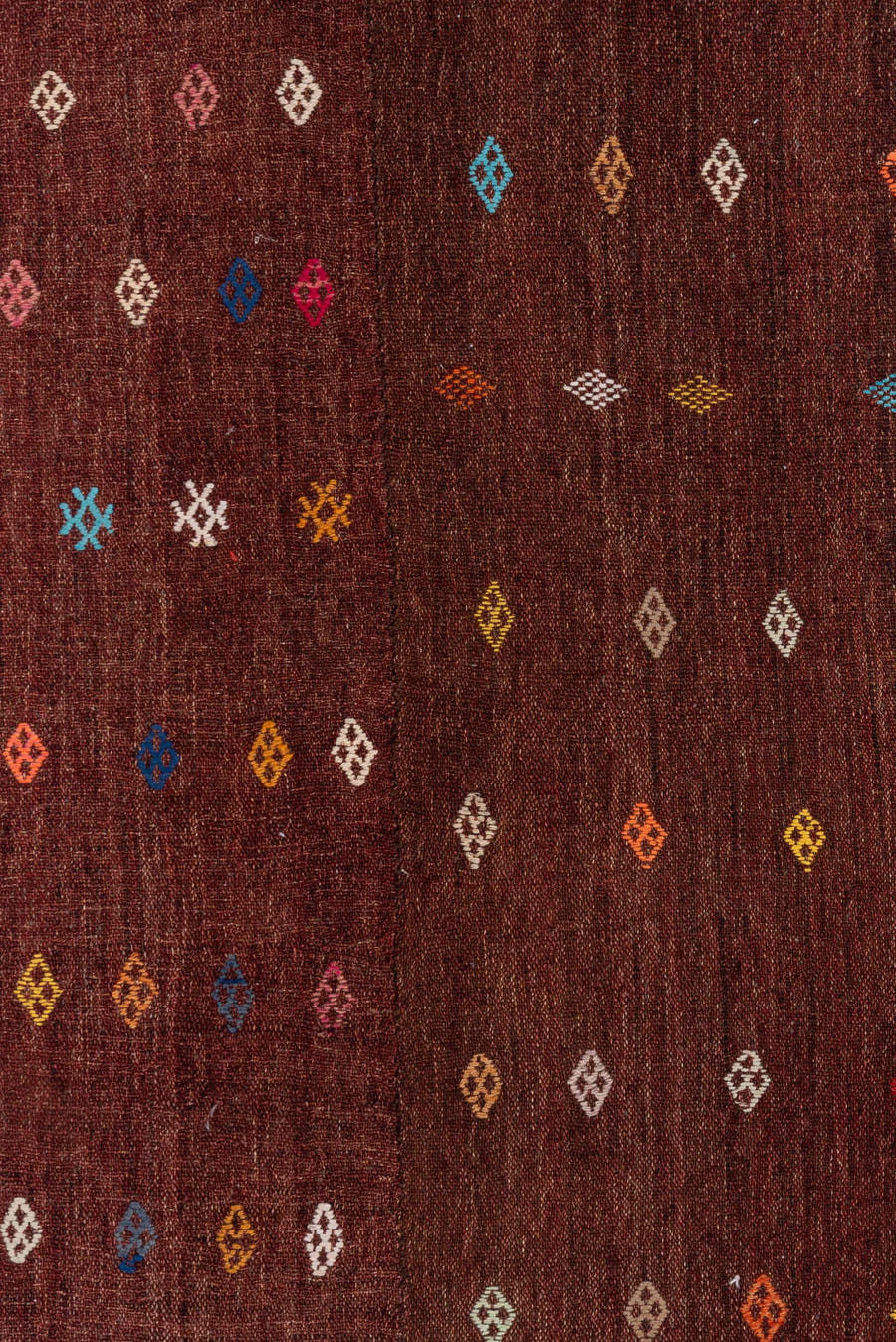 2' x 3' one-of-a-kind handmade vintage Jijim small size rug. Color palette: mahogany, rust, ivory, sky_blue, gold, coral