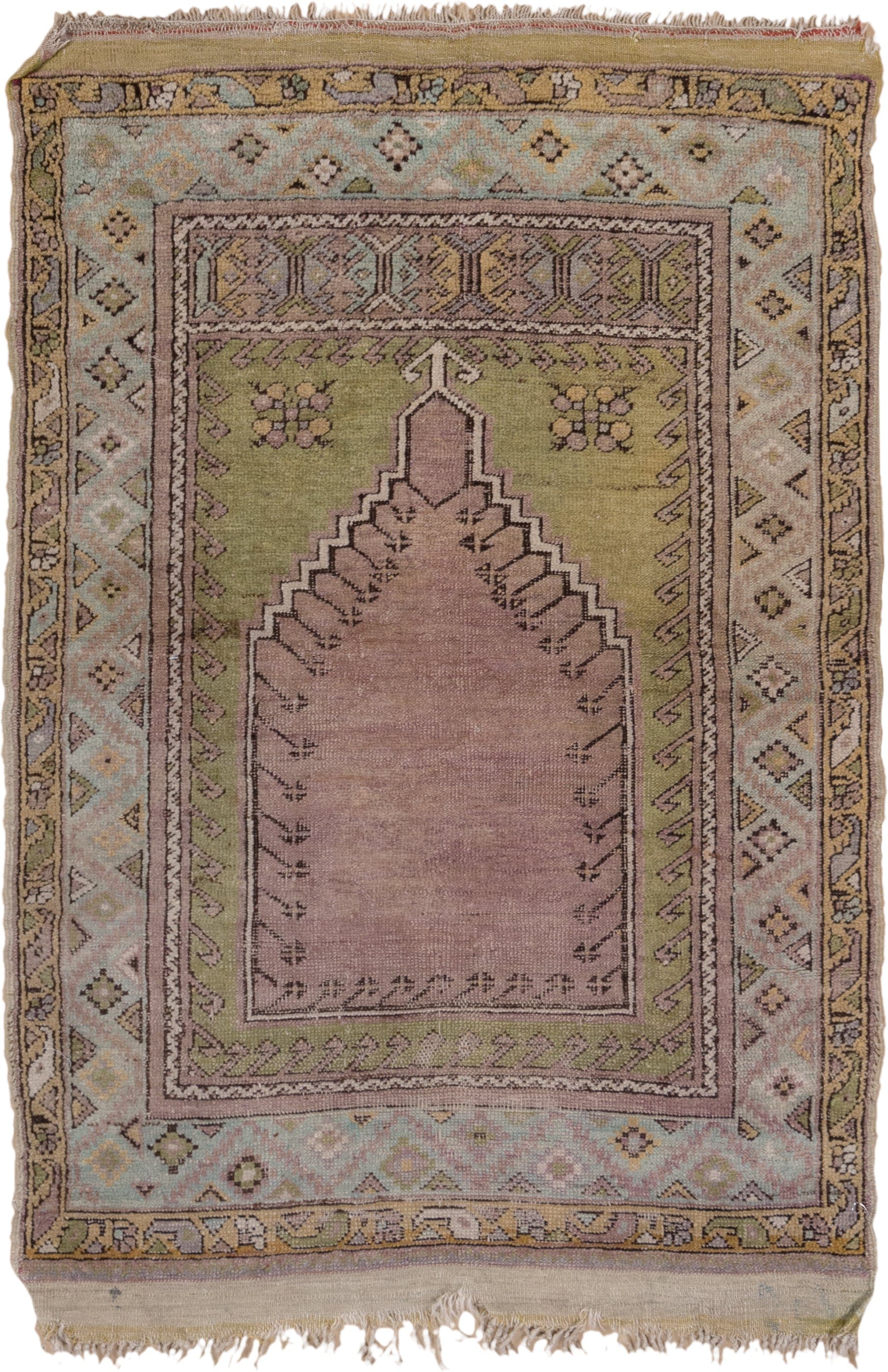 3' x 4' one-of-a-kind handmade vintage Mujjur small size rug. Color palette: rose, olive, ivory, taupe, sage, camel