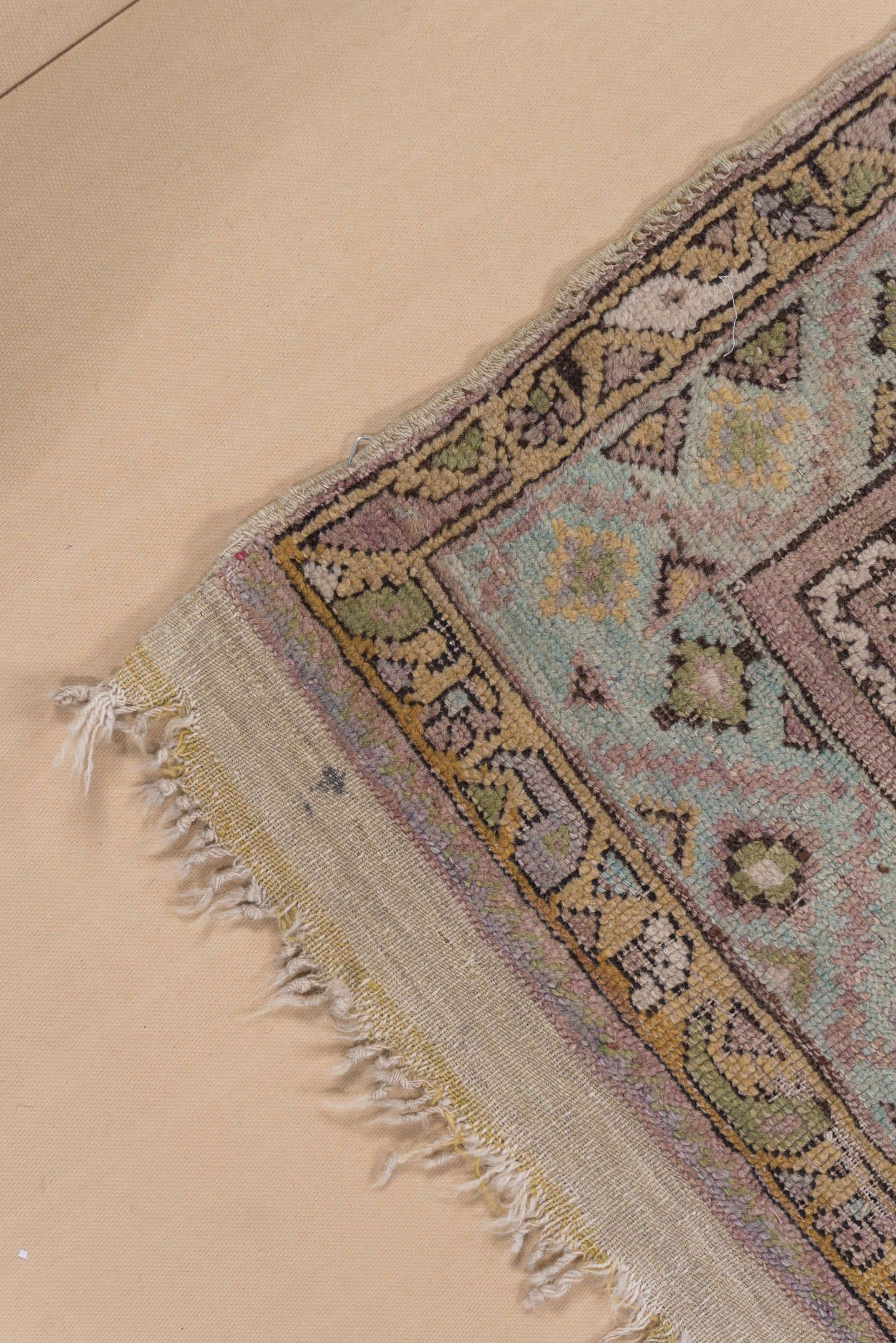 3' x 4' one-of-a-kind handmade vintage Mujjur small size rug. Color palette: rose, olive, ivory, taupe, sage, camel