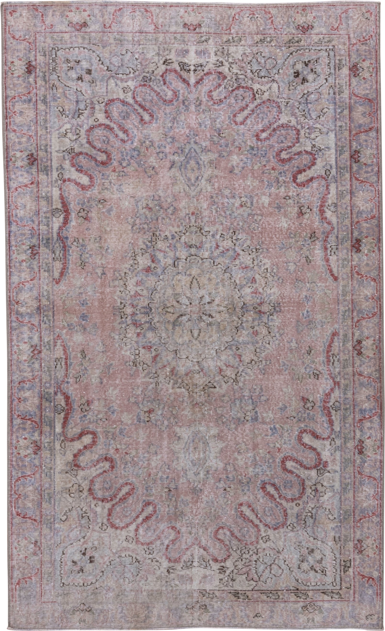 5' x 8' one-of-a-kind handmade vintage Oushak medium size rug. Color palette: blush, ivory, taupe, dusty rose, slate, sage