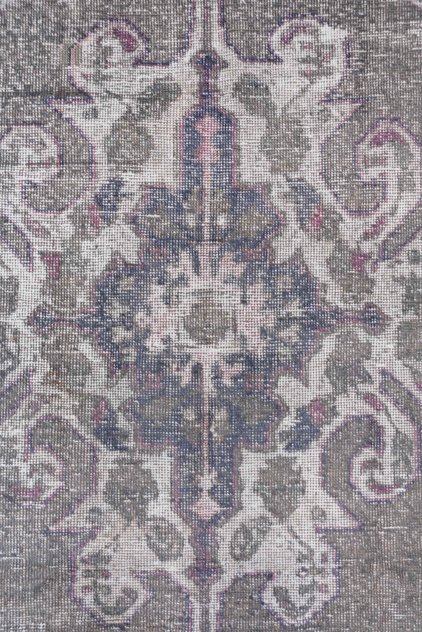 4' x 7' one-of-a-kind handmade vintage Oushak rug. Color palette: taupe, ivory, slate, lavender, rose, charcoal, beige, gray