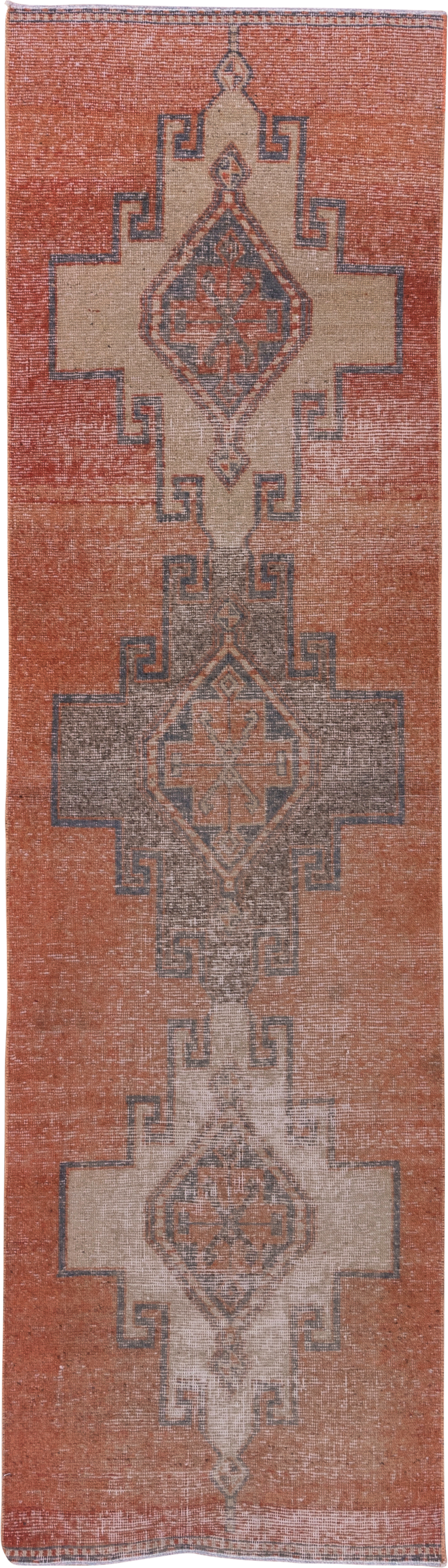 3' x 10' one-of-a-kind handmade vintage Oushak runner rug. Color palette: terra cotta, ivory, charcoal, taupe, rose