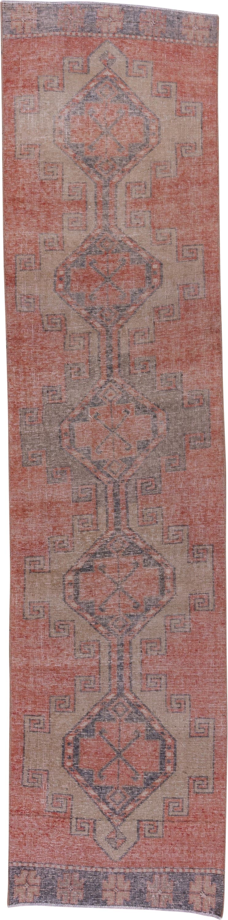 2' x 11' one-of-a-kind handmade vintage Oushak runner rug. Color palette: coral, taupe, slate, rose, ivory, terracotta