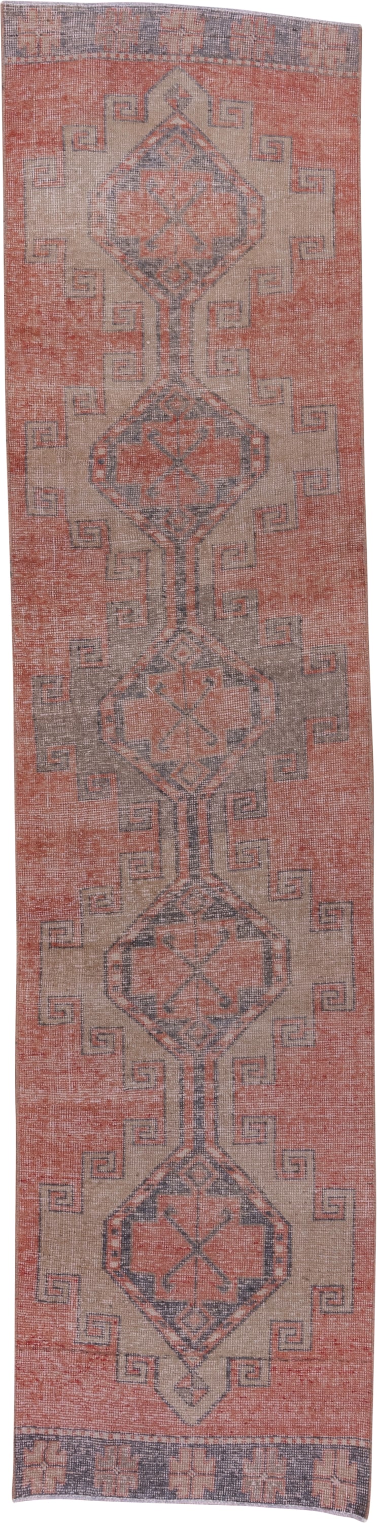 2' x 11' one-of-a-kind handmade vintage Oushak runner rug. Color palette: coral, taupe, slate, rose, ivory, terracotta