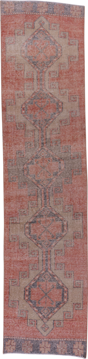 2' x 11' one-of-a-kind handmade vintage Oushak runner rug. Color palette: brown, gray, off-white, pink, red, snow, white