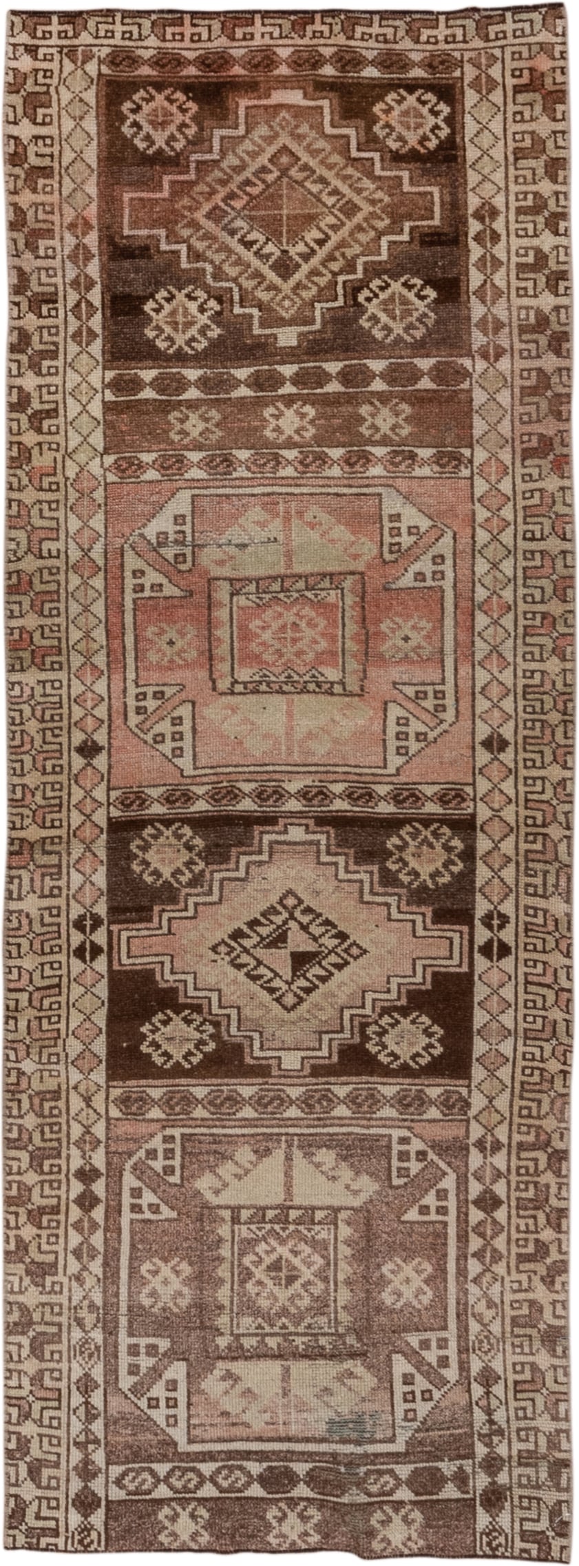 2' x 7' one-of-a-kind handmade vintage Oushak runner rug. Color palette: brown, ivory, taupe, blush, camel, rose, beige